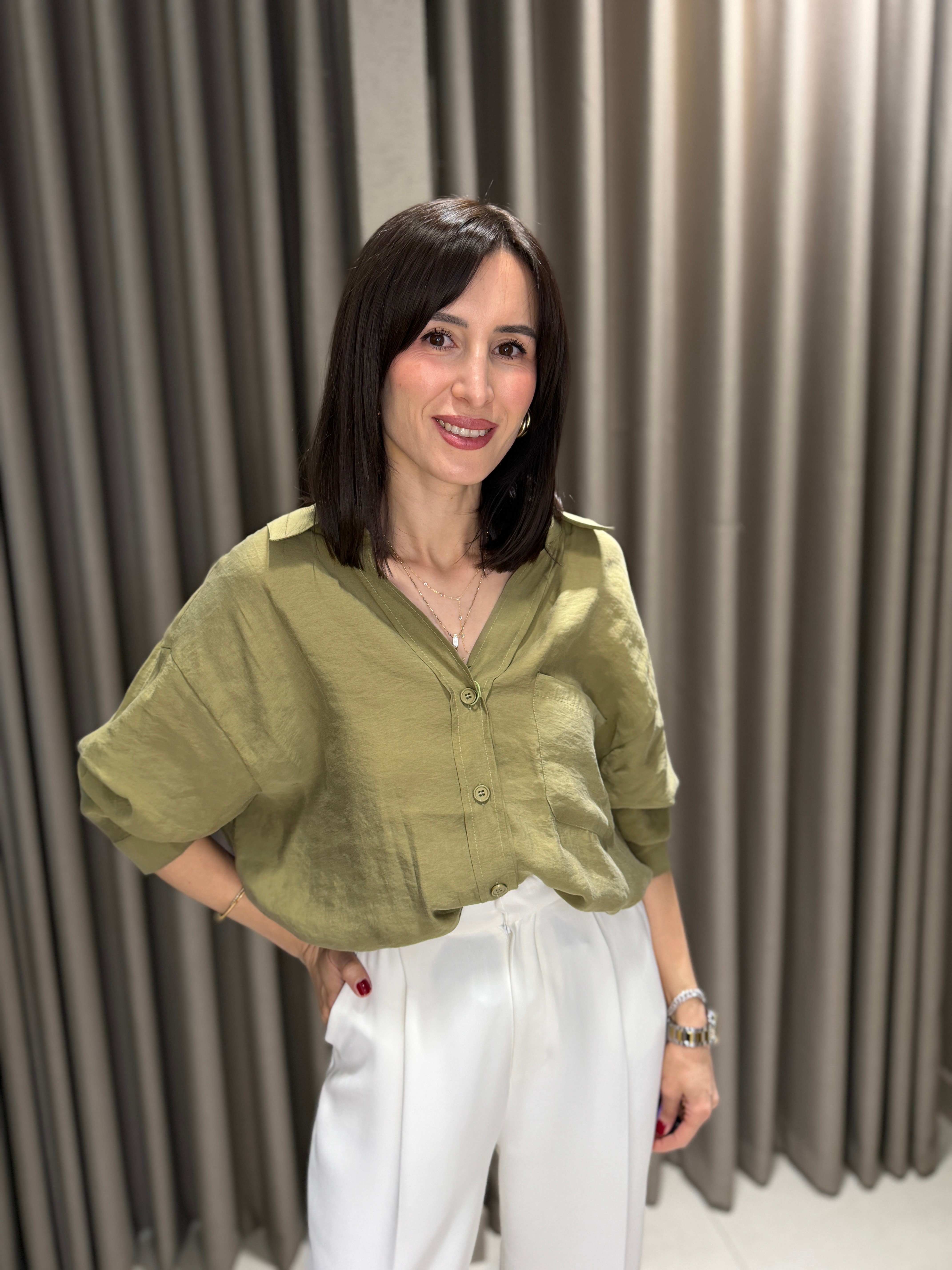 Düşük Omuz Tensel Gömlek HAKİ