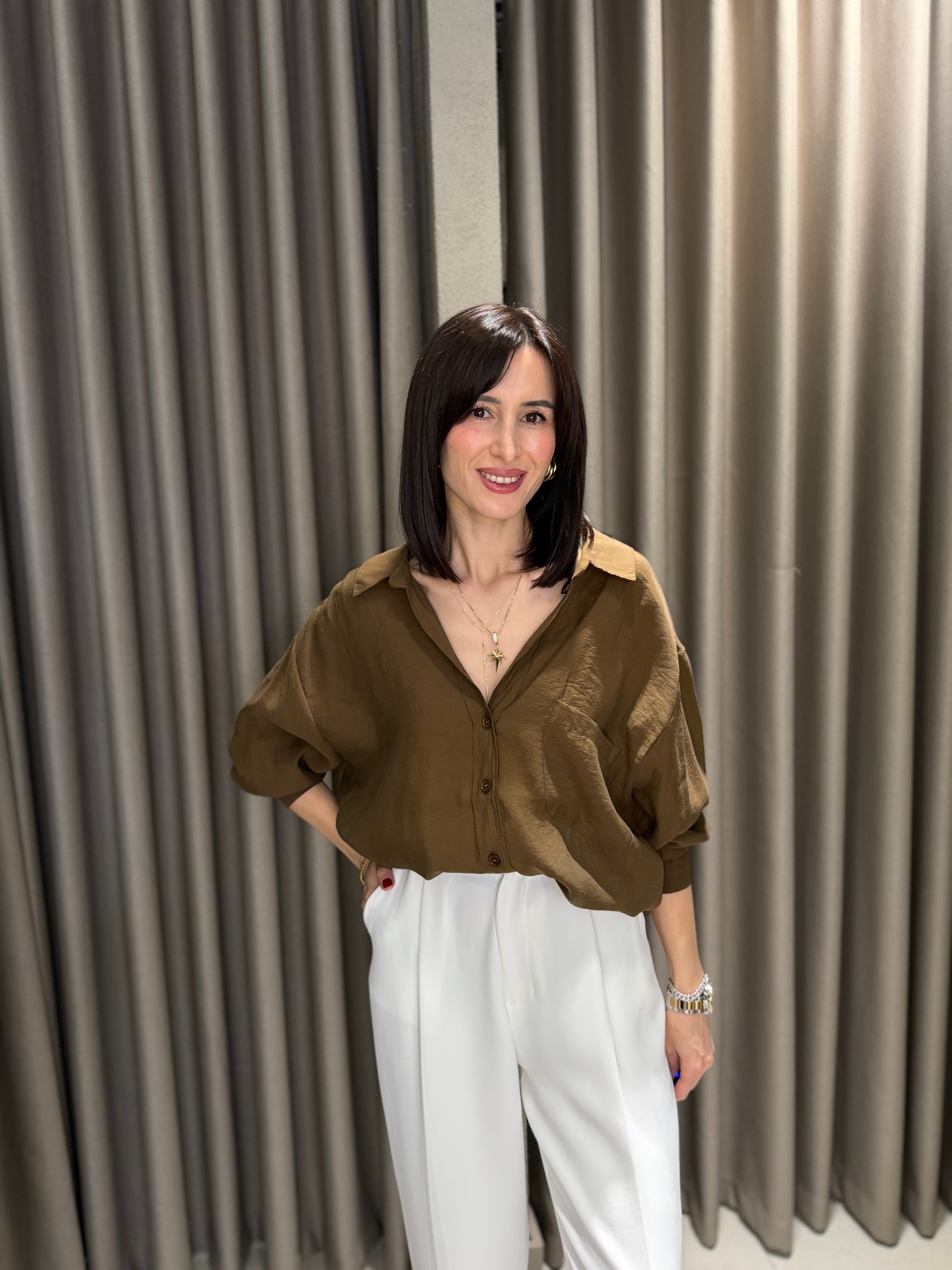 Düşük Omuz Tensel Gömlek KAHVE