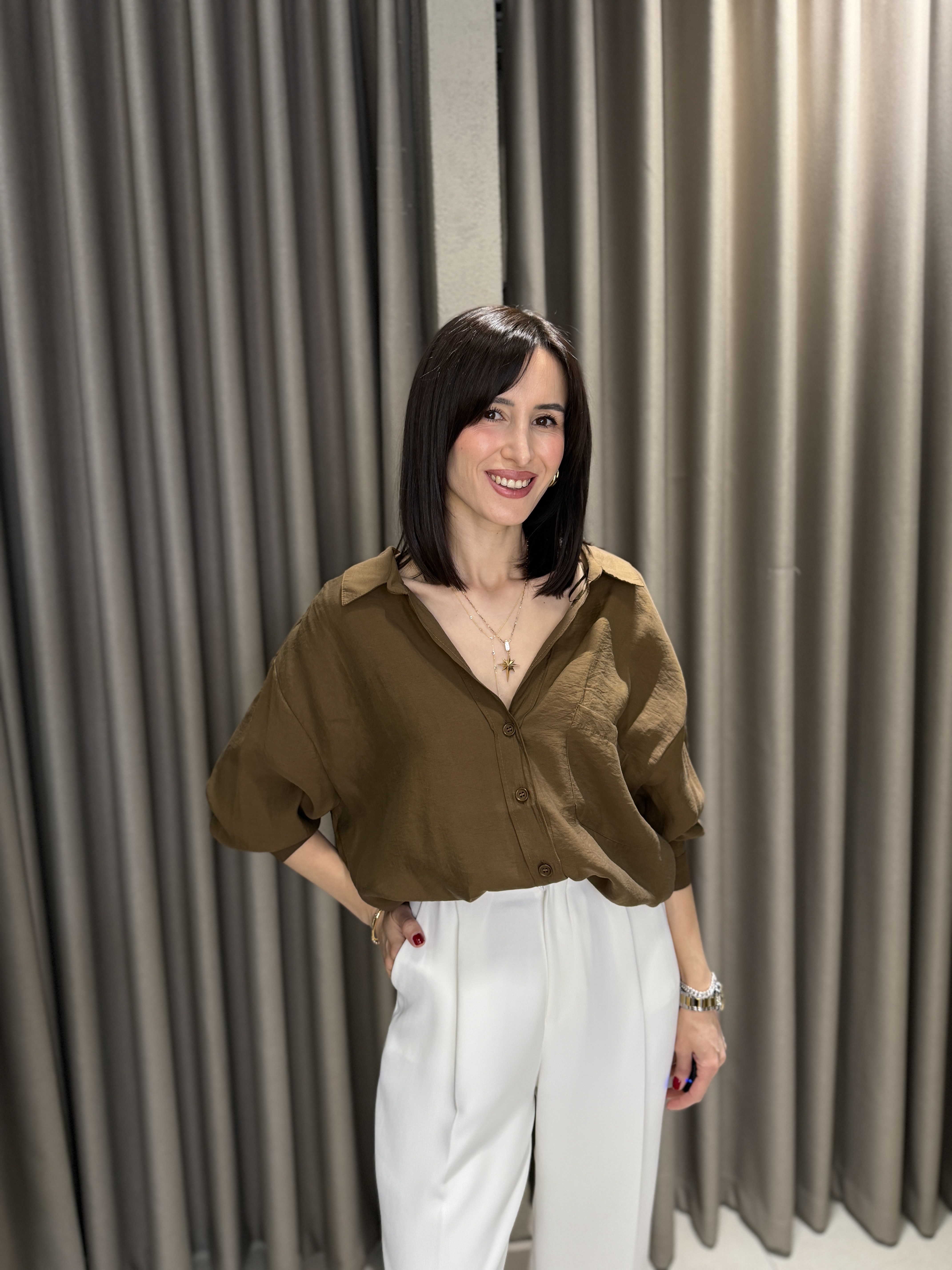 Düşük Omuz Tensel Gömlek KAHVE