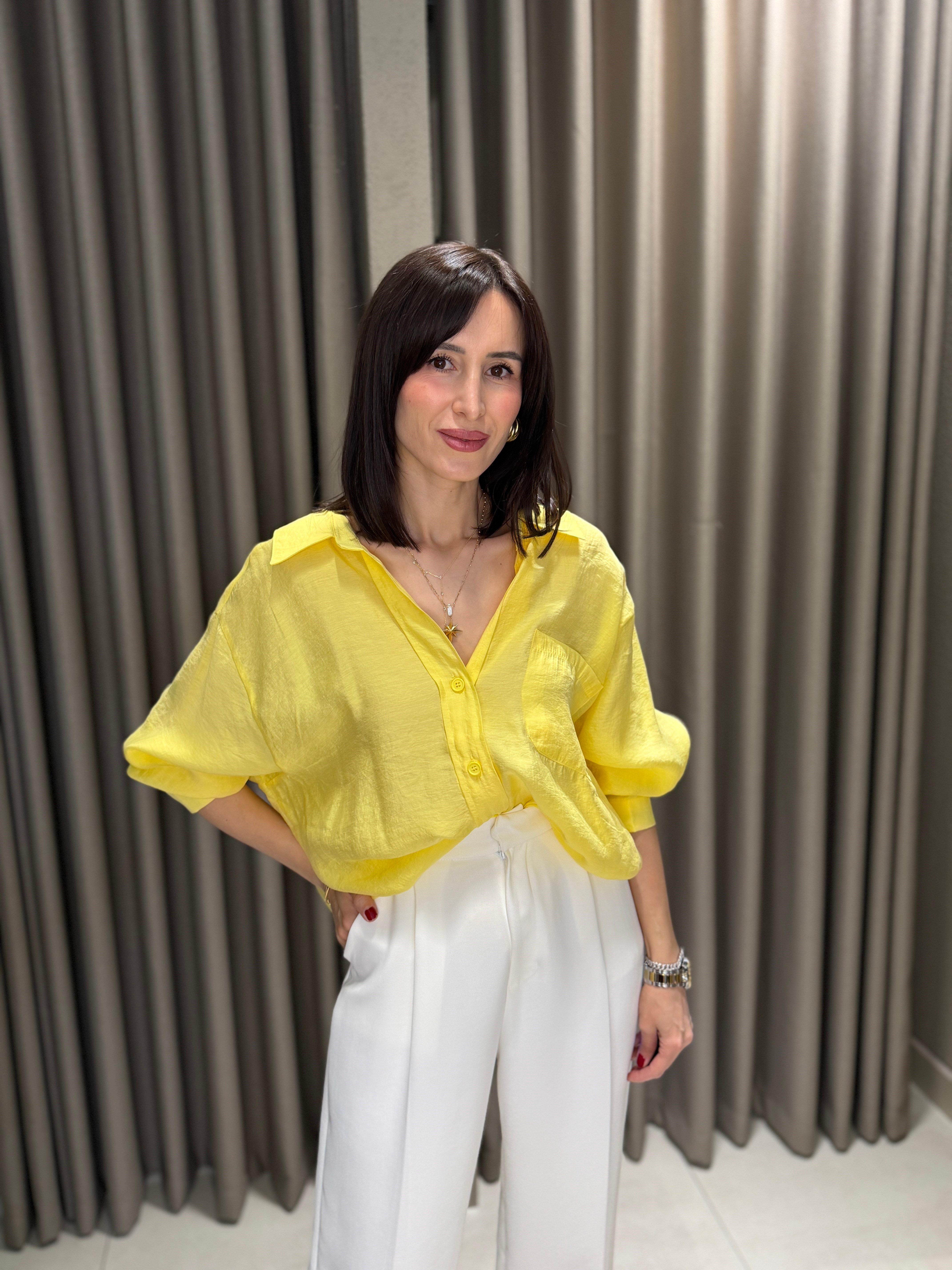 Düşük Omuz Tensel Gömlek SARI