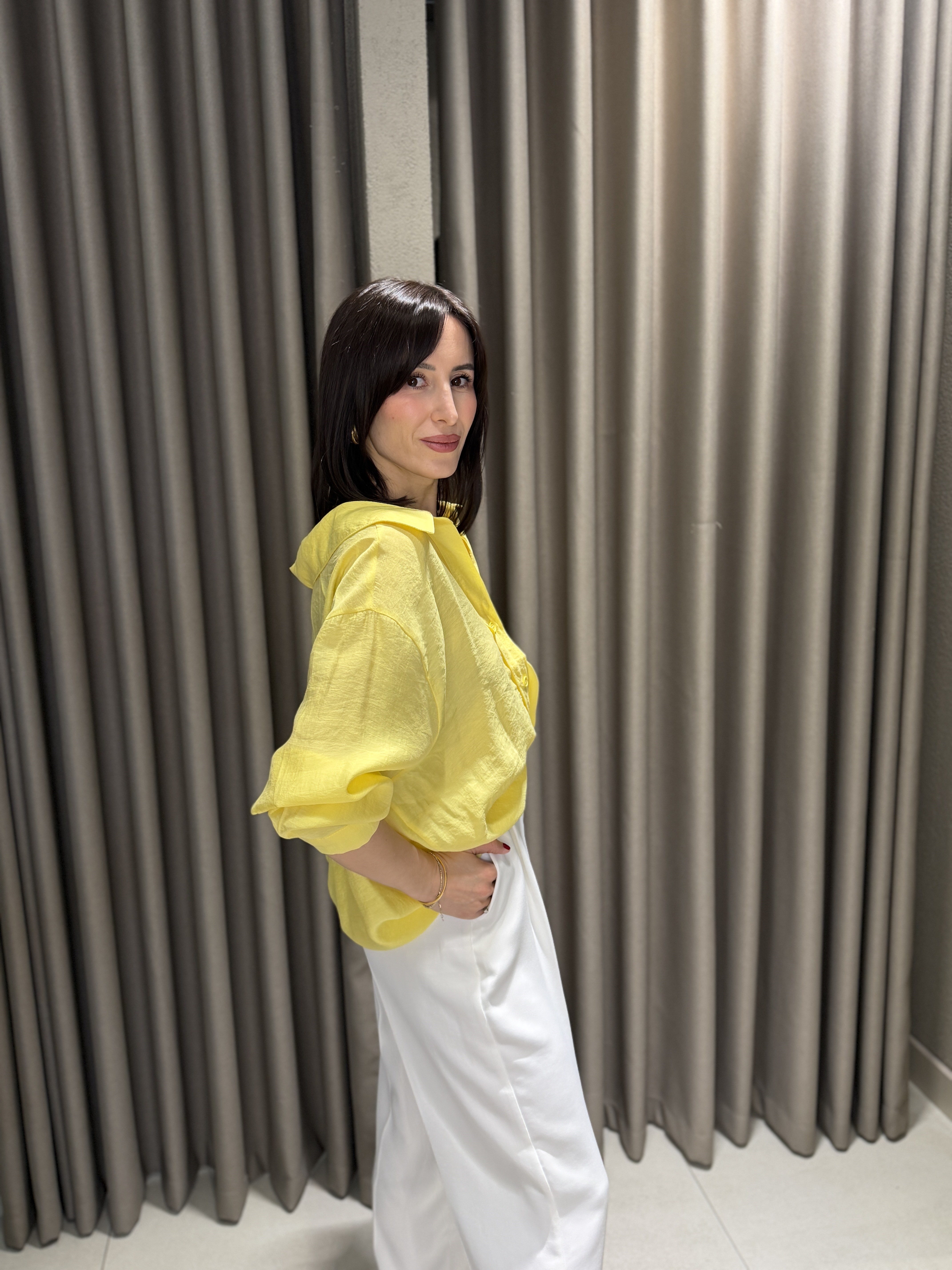 Düşük Omuz Tensel Gömlek SARI