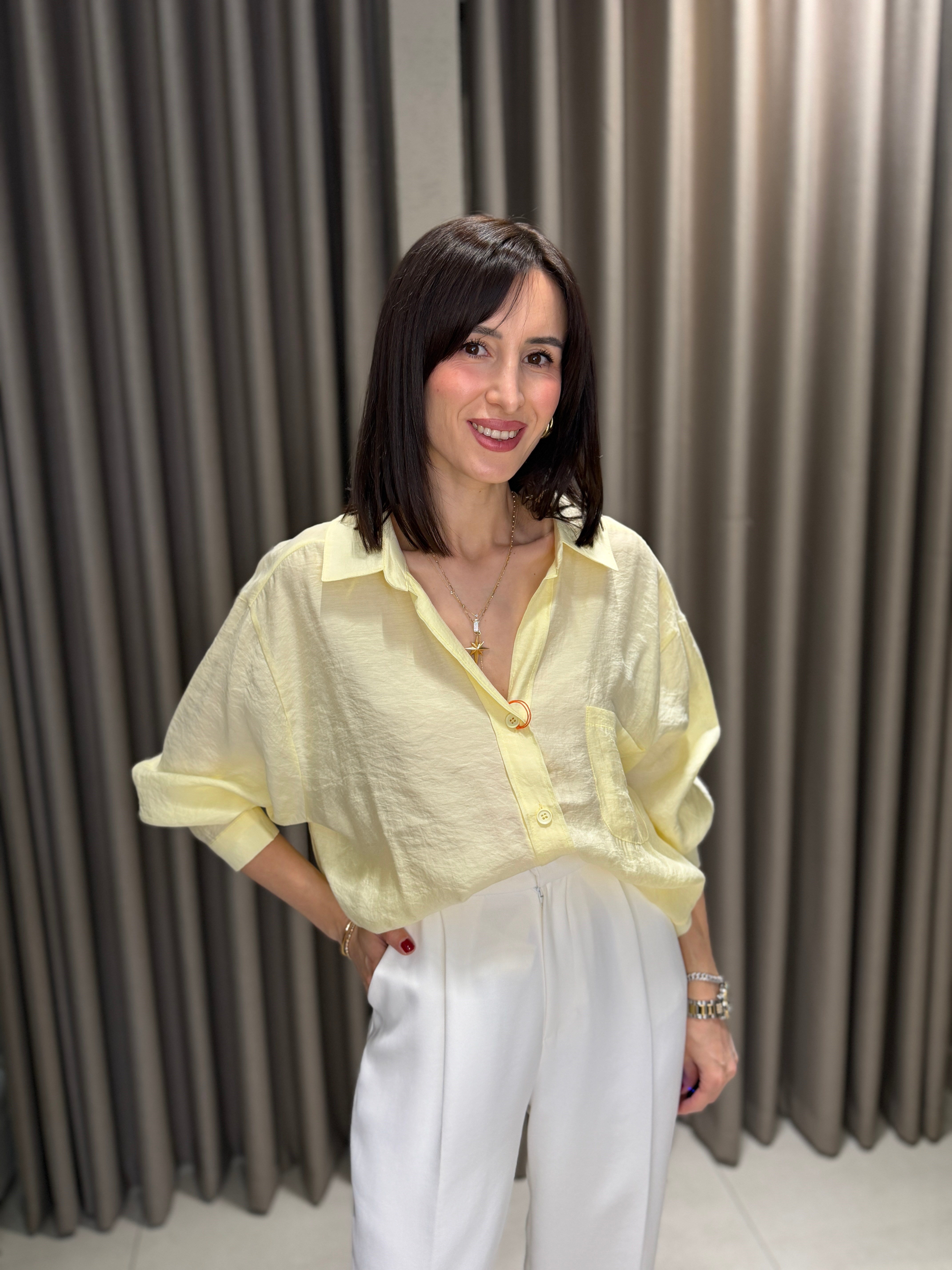 Düşük Omuz Tensel Gömlek AÇIK SARI