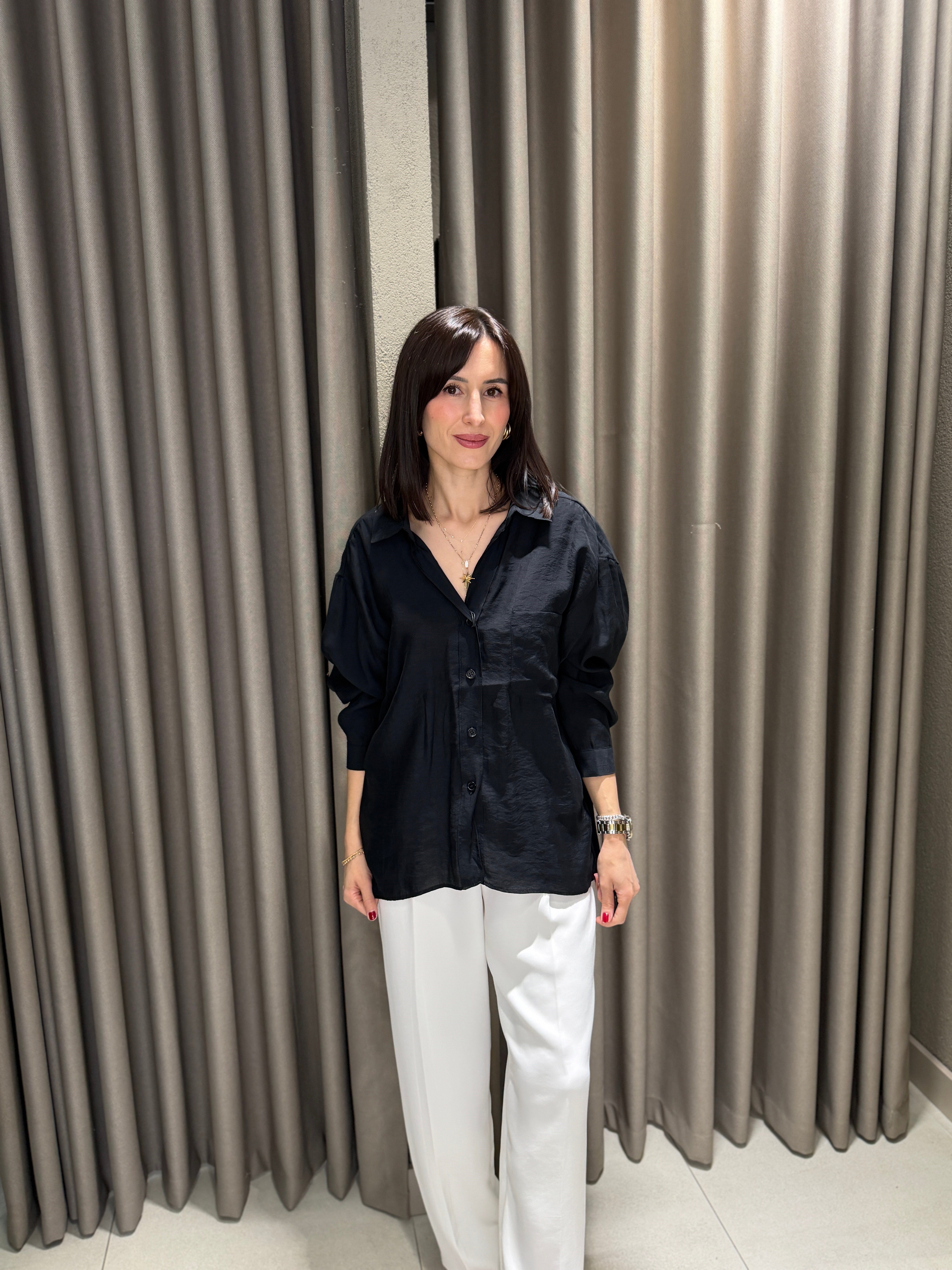 Düşük Omuz Tensel Gömlek SİYAH