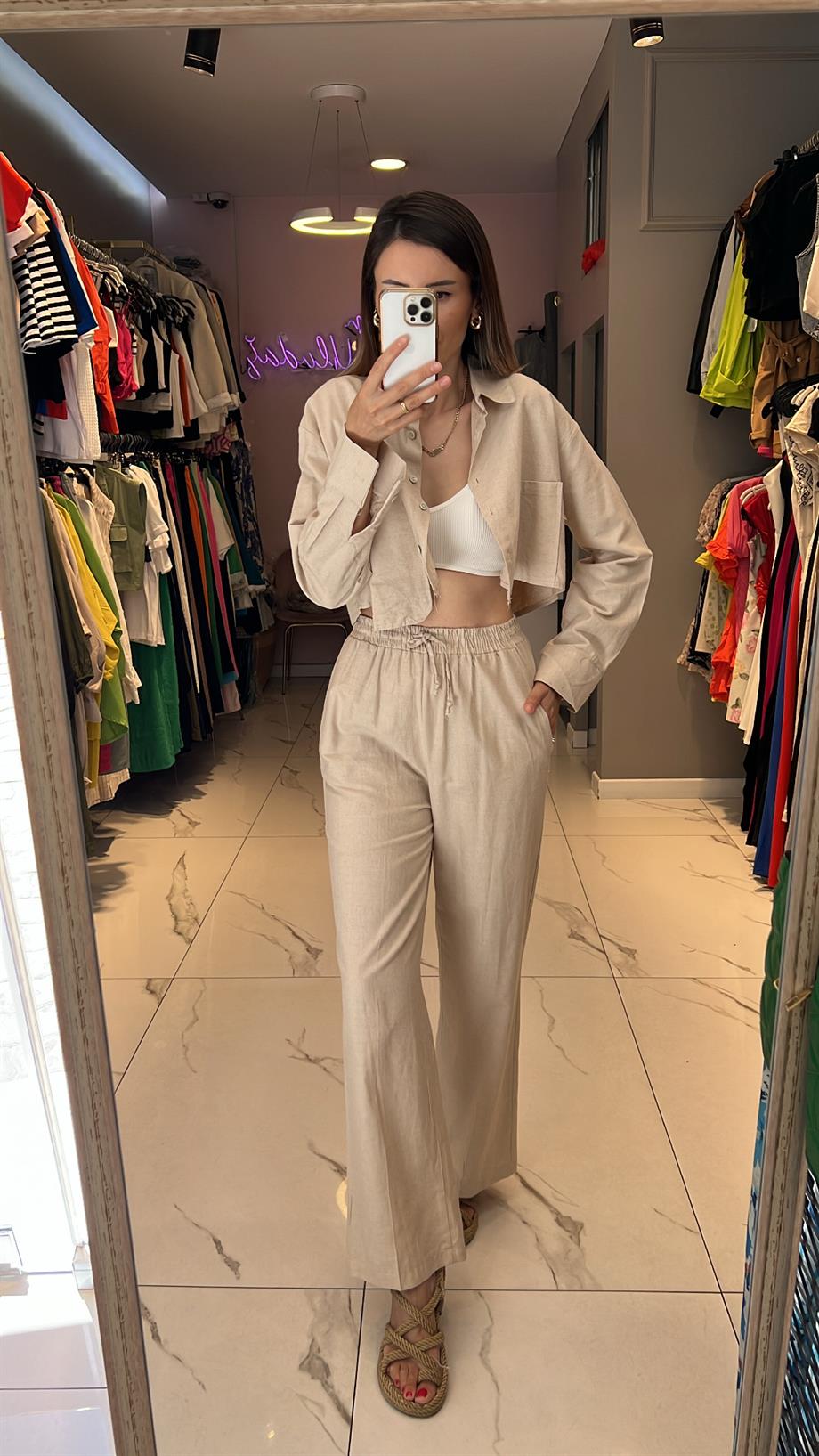 Flw Keten Crop Gömlek Takım