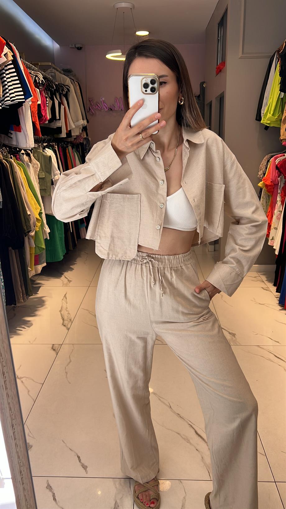 Flw Keten Crop Gömlek Takım