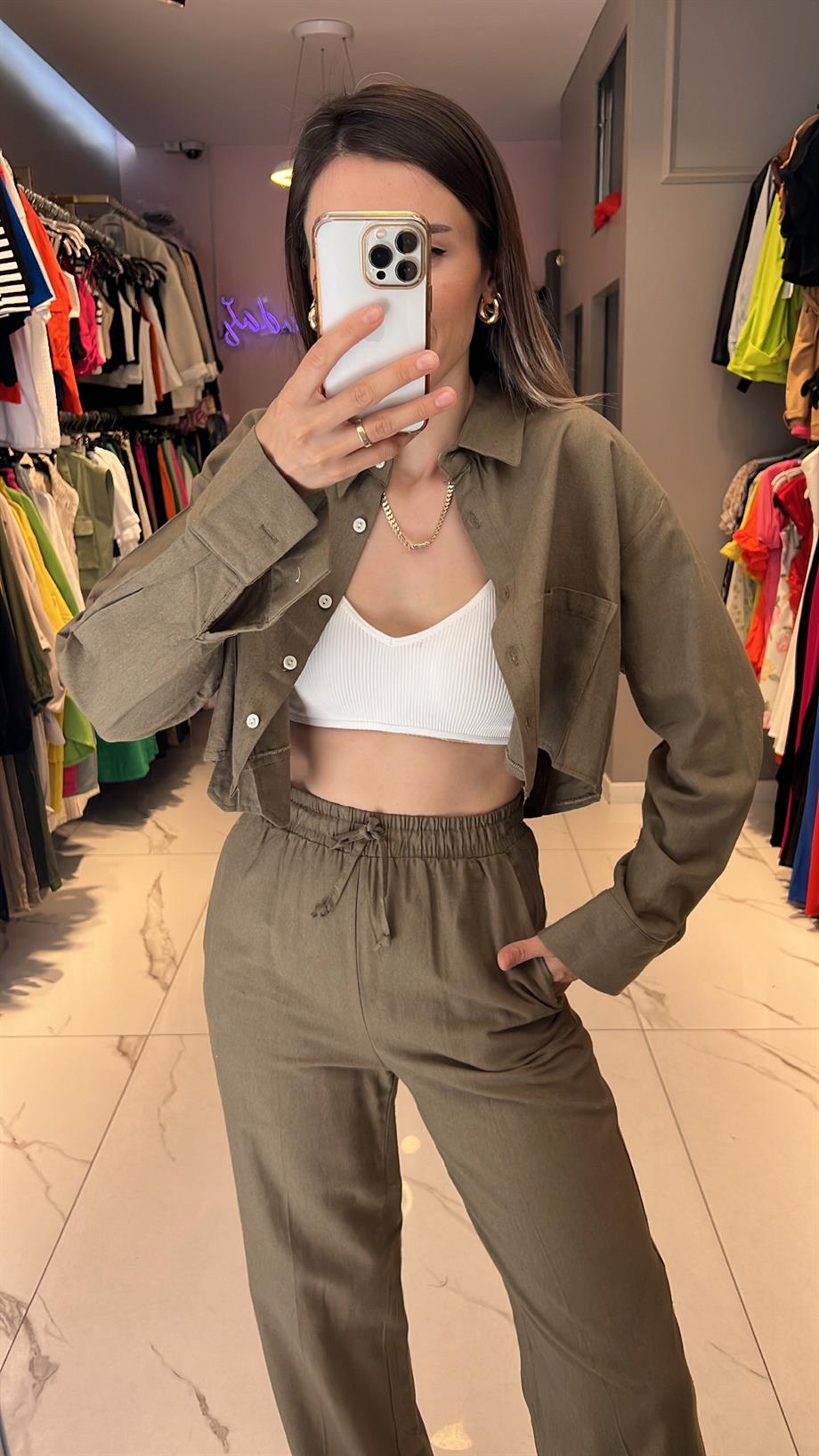 Flw Keten Crop Gömlek Takım