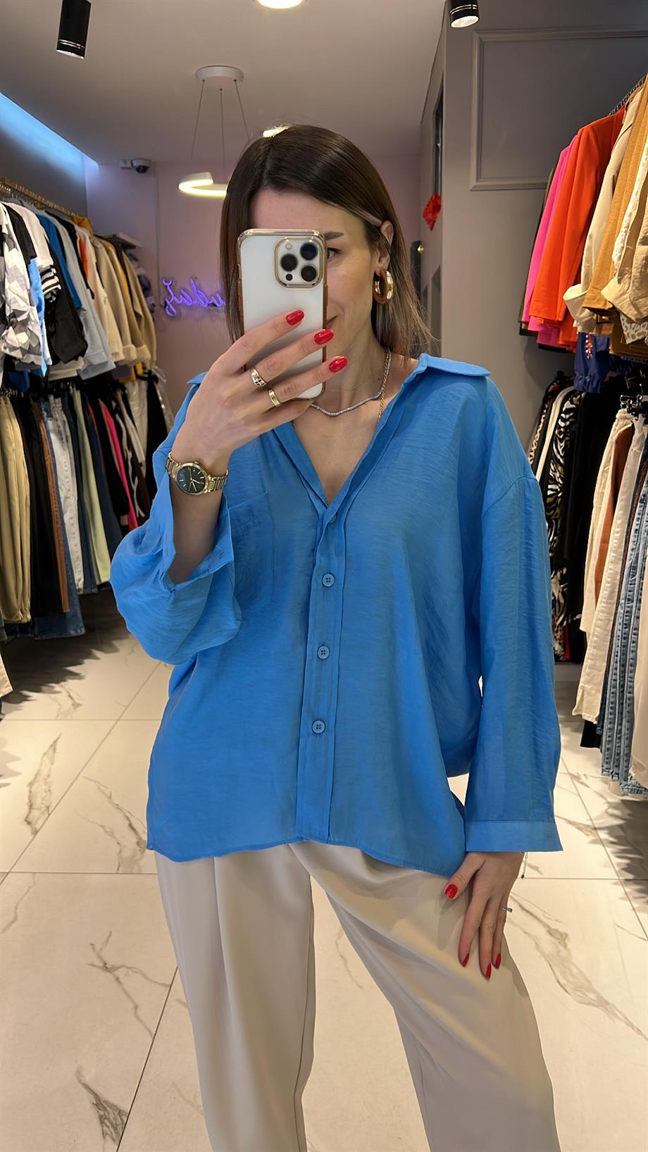 Fsp Mavi Tensel Owersize Düşük Omuz Gömlek