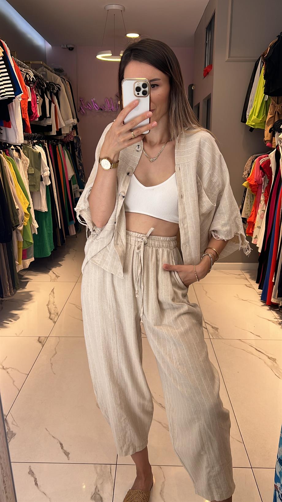 Fsp Püsküllü Çizgili Keten Takım 