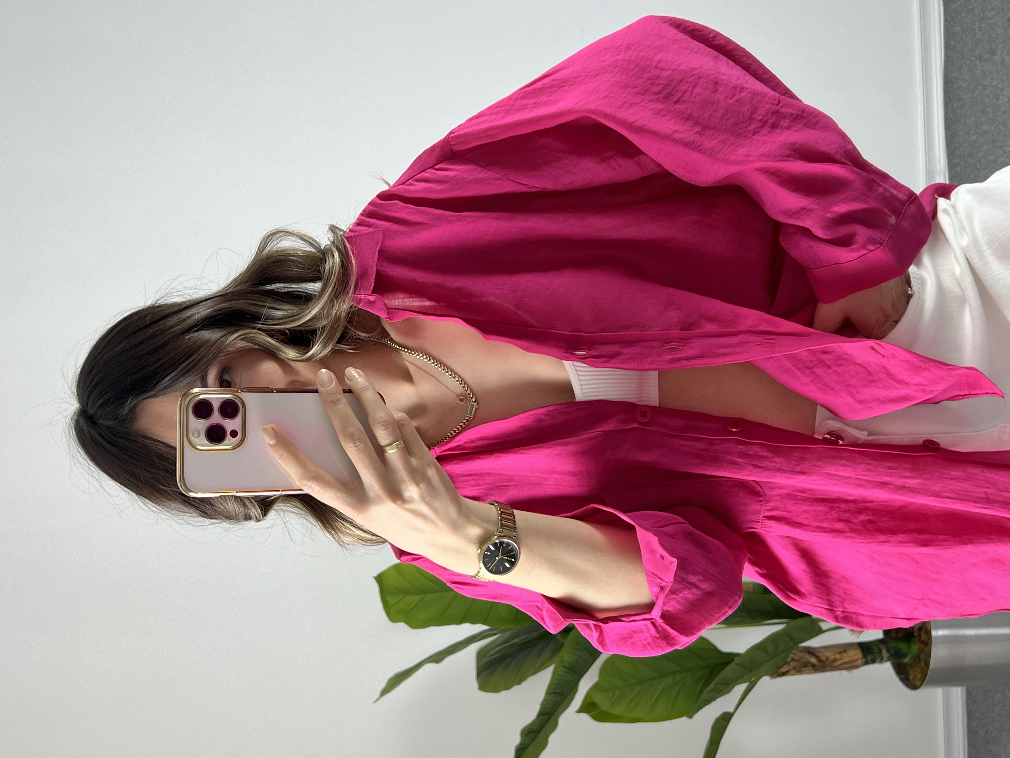 Fuşya Düşük Omuz Tensel Gömlek