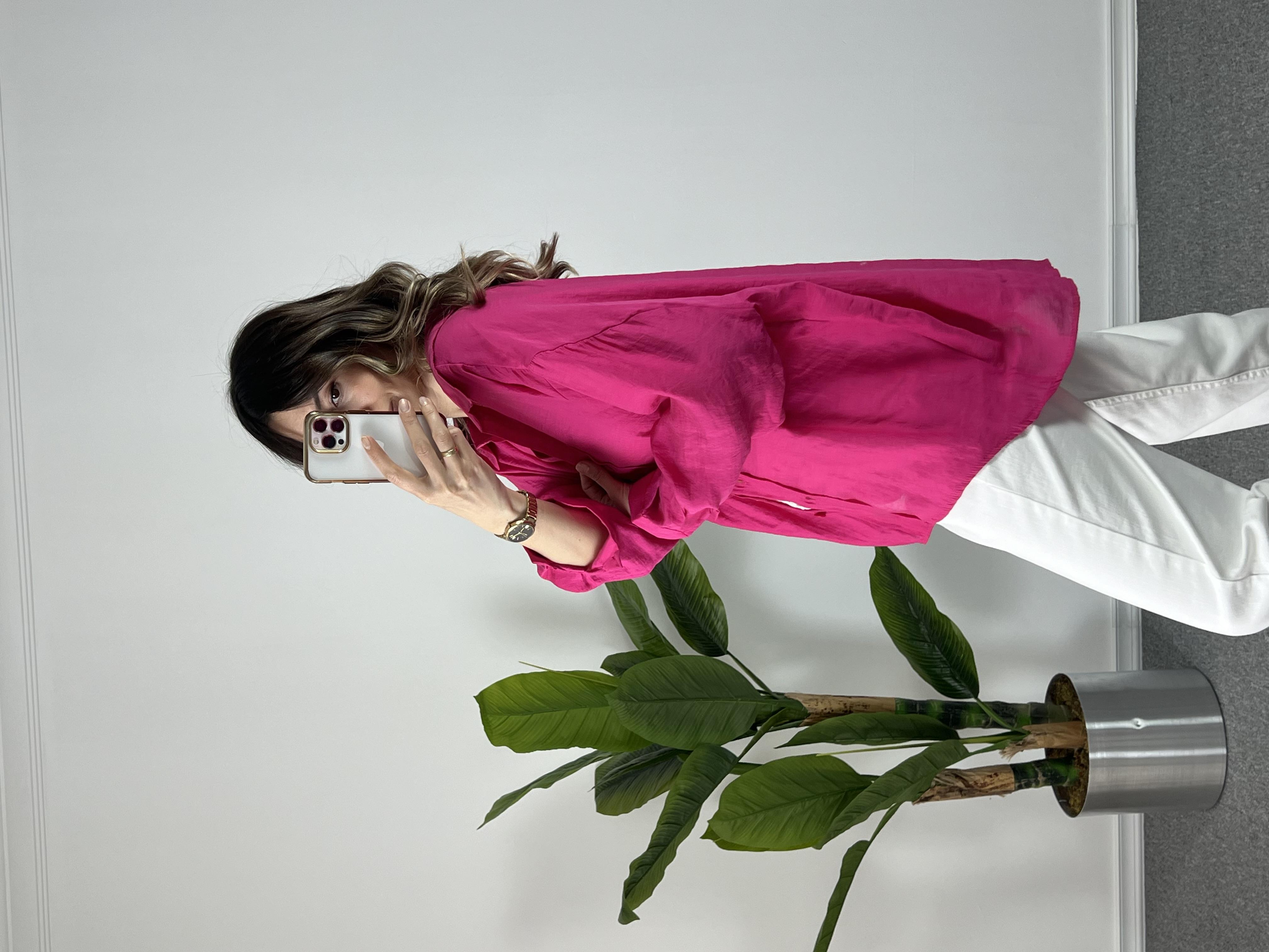 Fuşya Düşük Omuz Tensel Gömlek