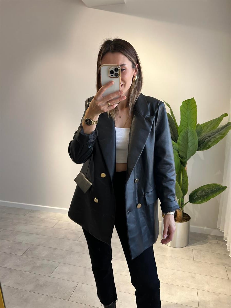 Gold Düğme Deri Blazer Ceket