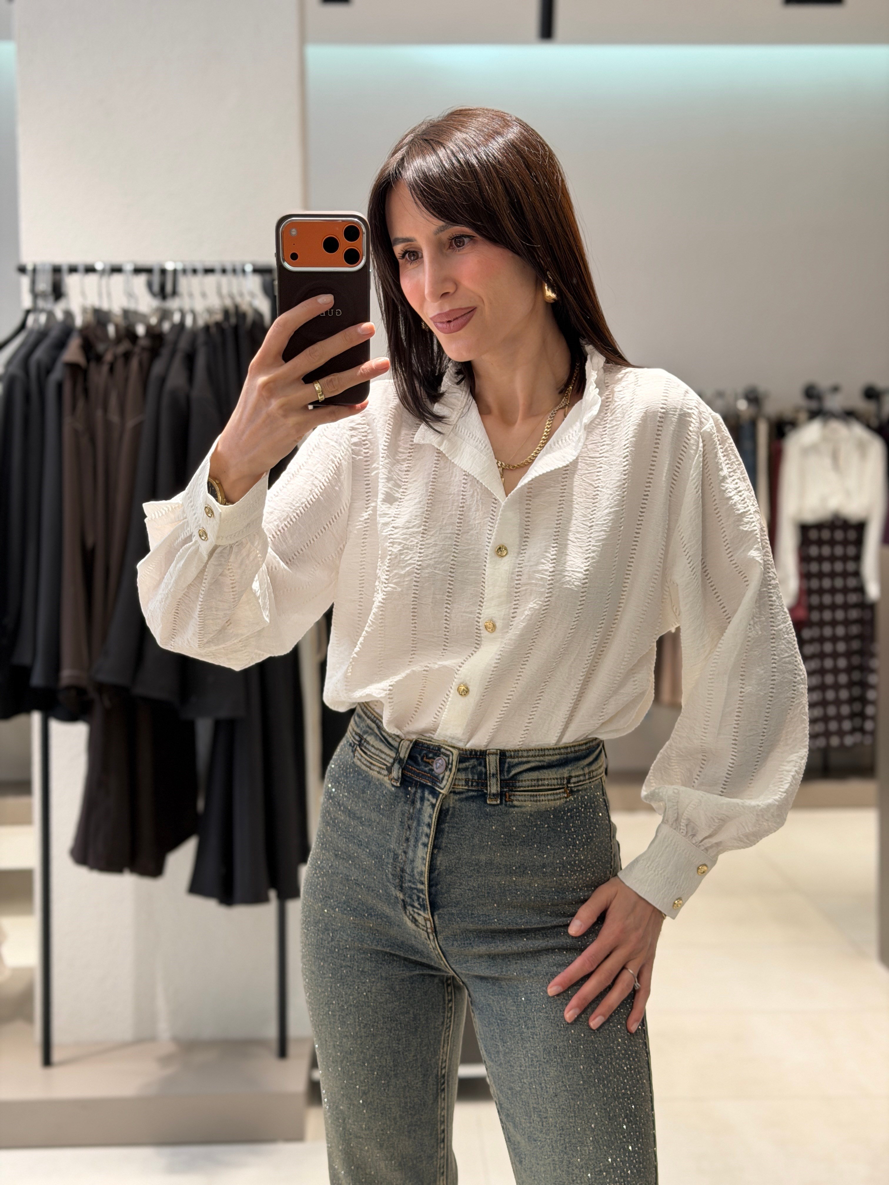 Gold Düğme Dokulu Gömlek BEYAZ