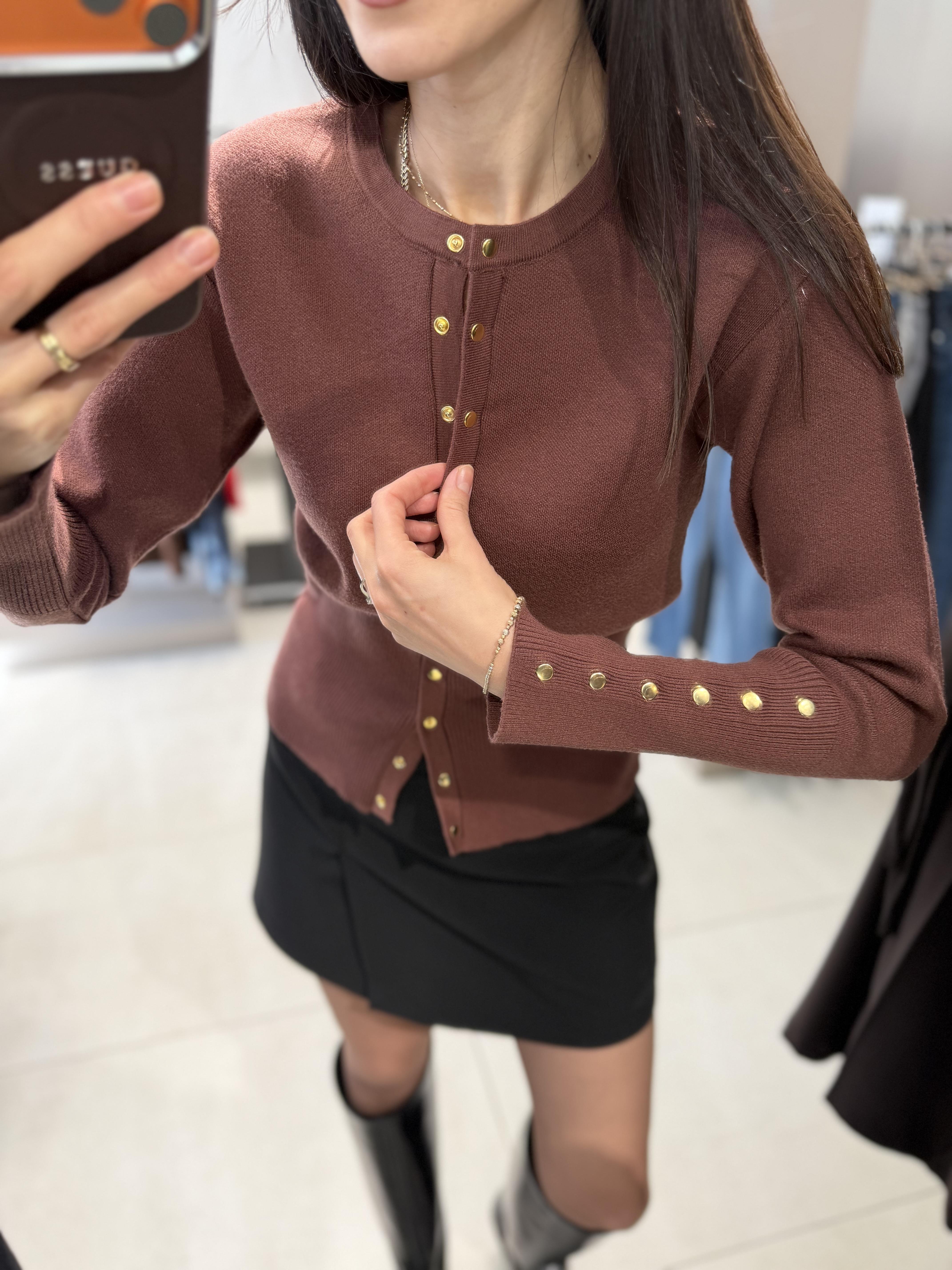 Gold Düğmeli Çelik Triko Hırka KAHVE