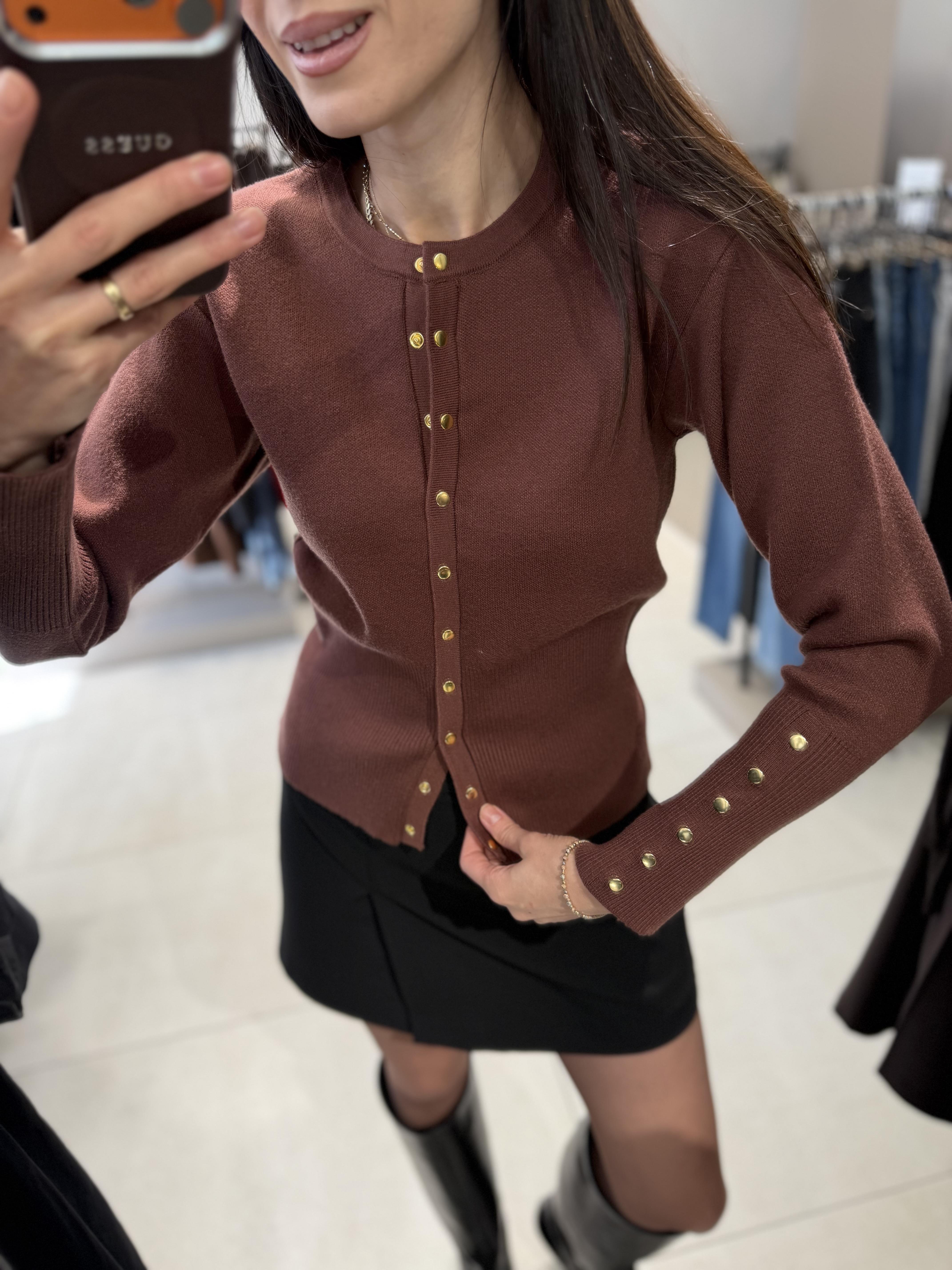 Gold Düğmeli Çelik Triko Hırka KAHVE