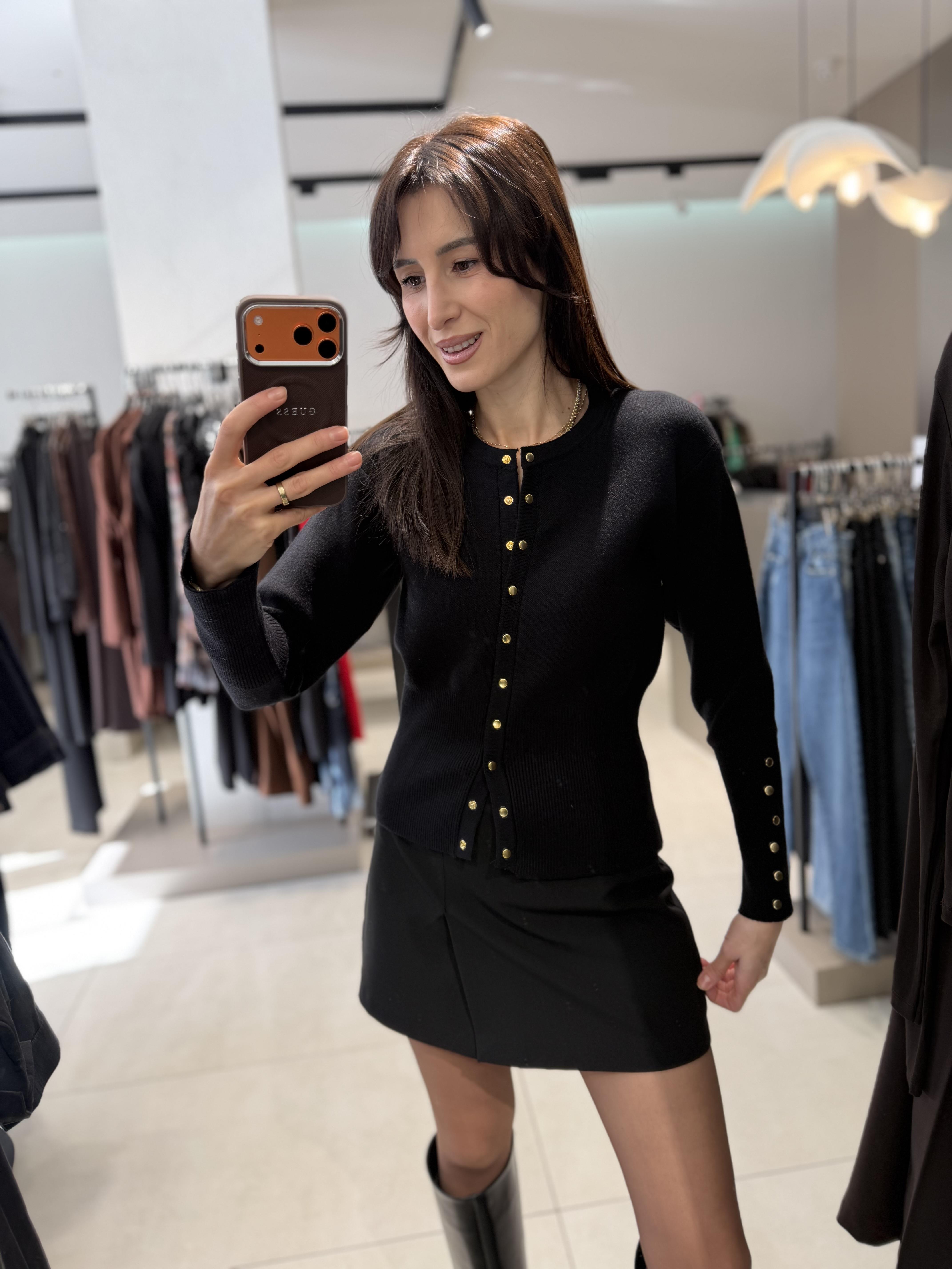 Gold Düğmeli Çelik Triko Hırka SİYAH