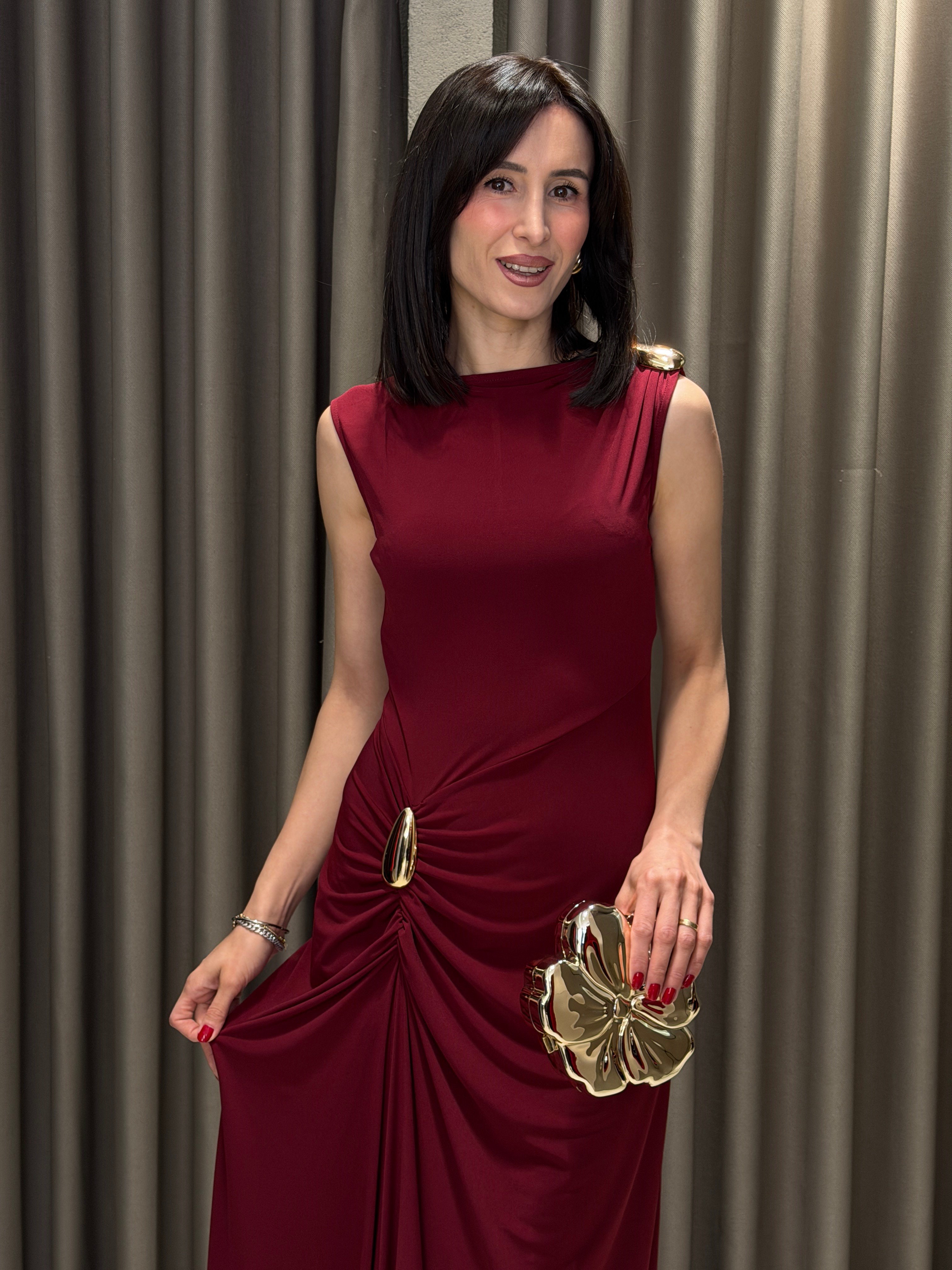 Gold Toka Detay Askılı Midi Elbise BORDO