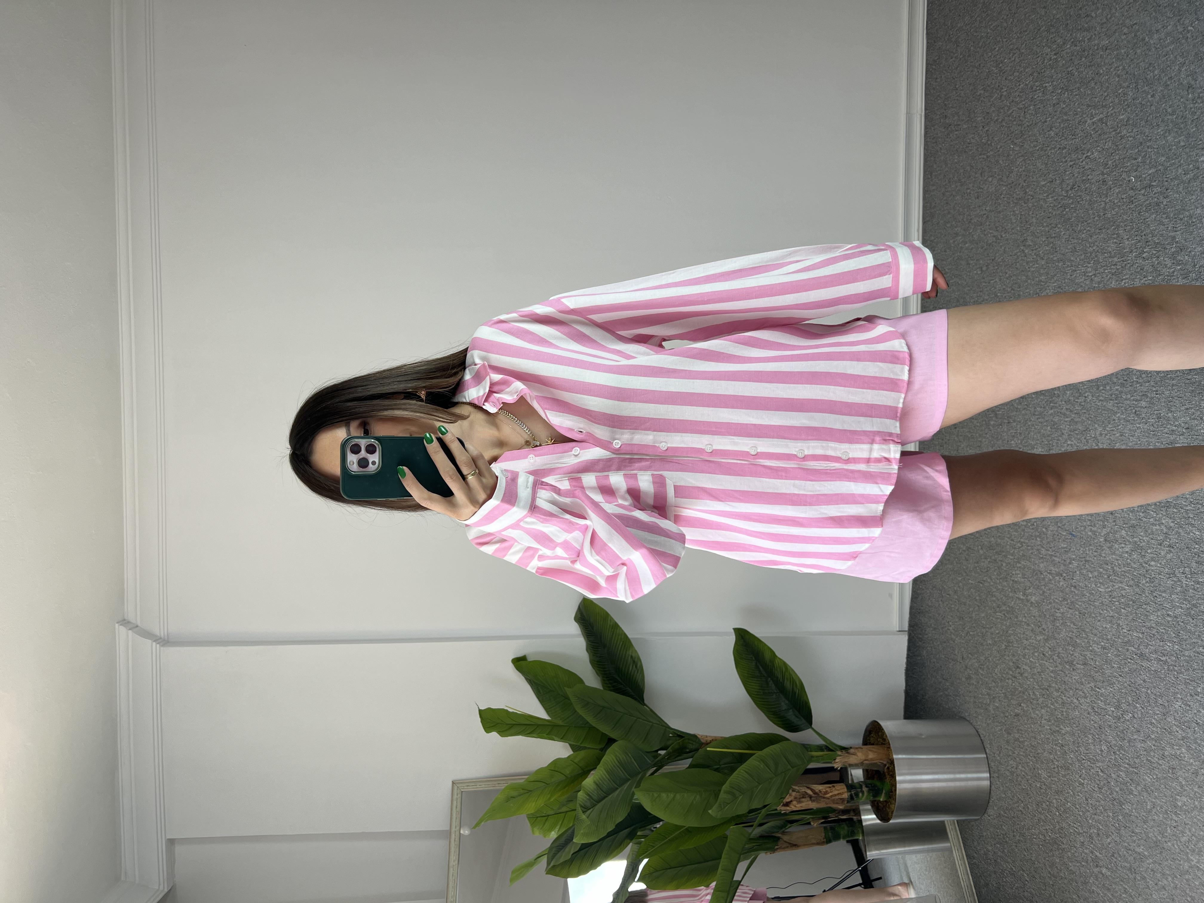 Ham Keten Çizgili Pembe Gömlek