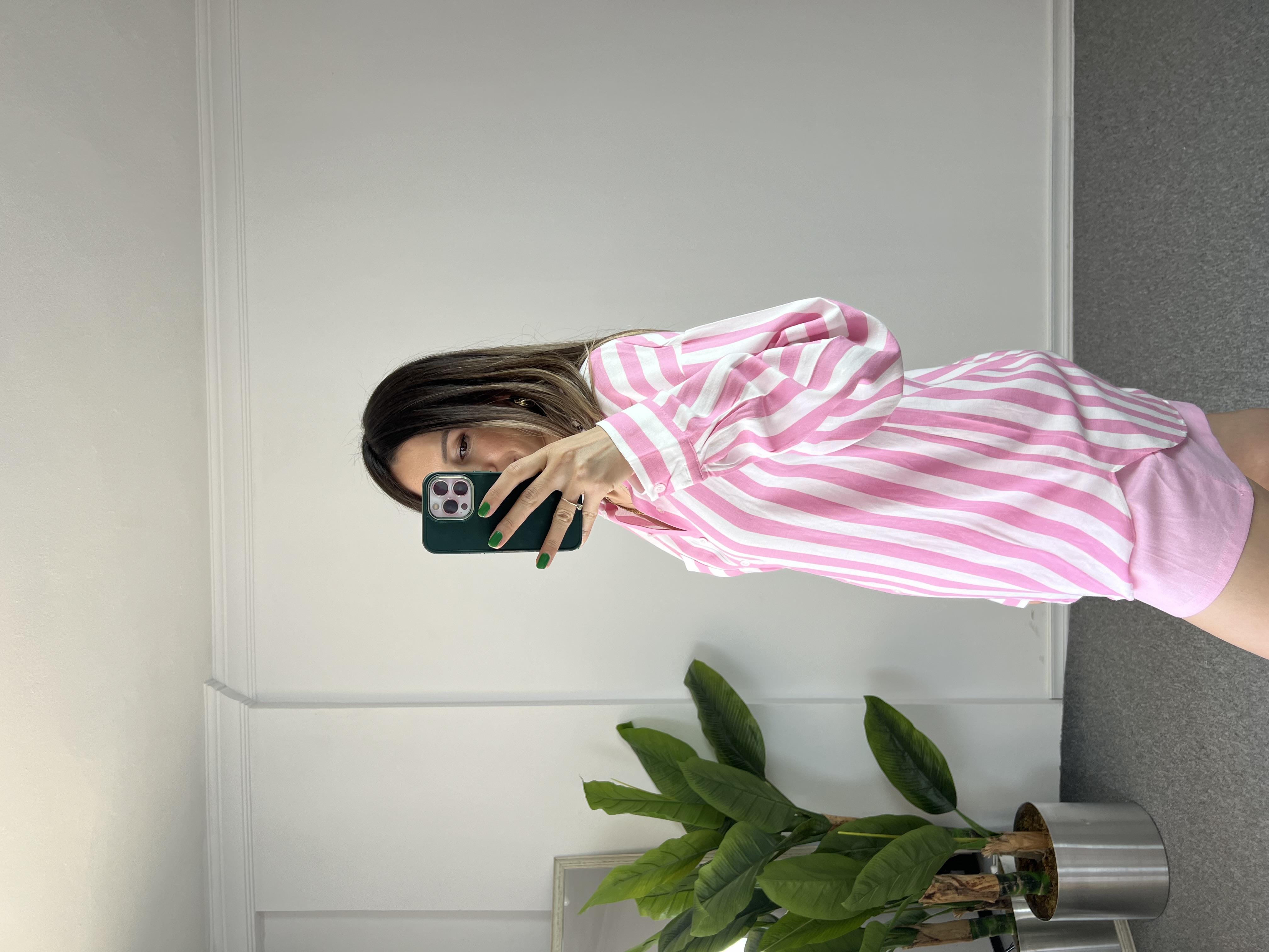 Ham Keten Çizgili Pembe Gömlek