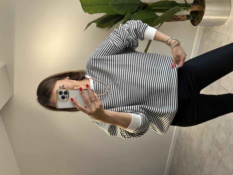 İçi Şardonlu Çizgili Owersize Sweat