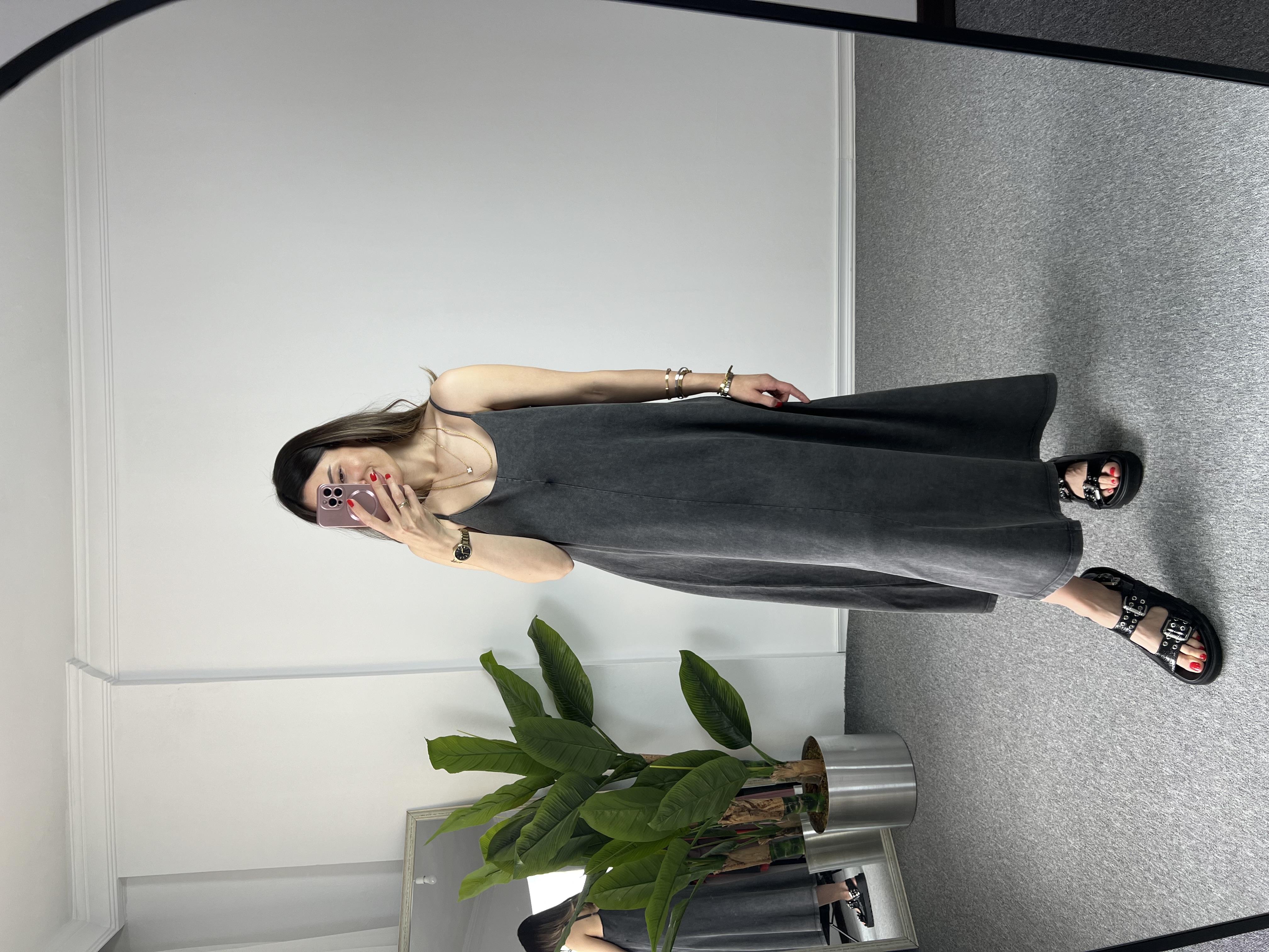 İp Askılı Yıkamalı Antrasit Elbise