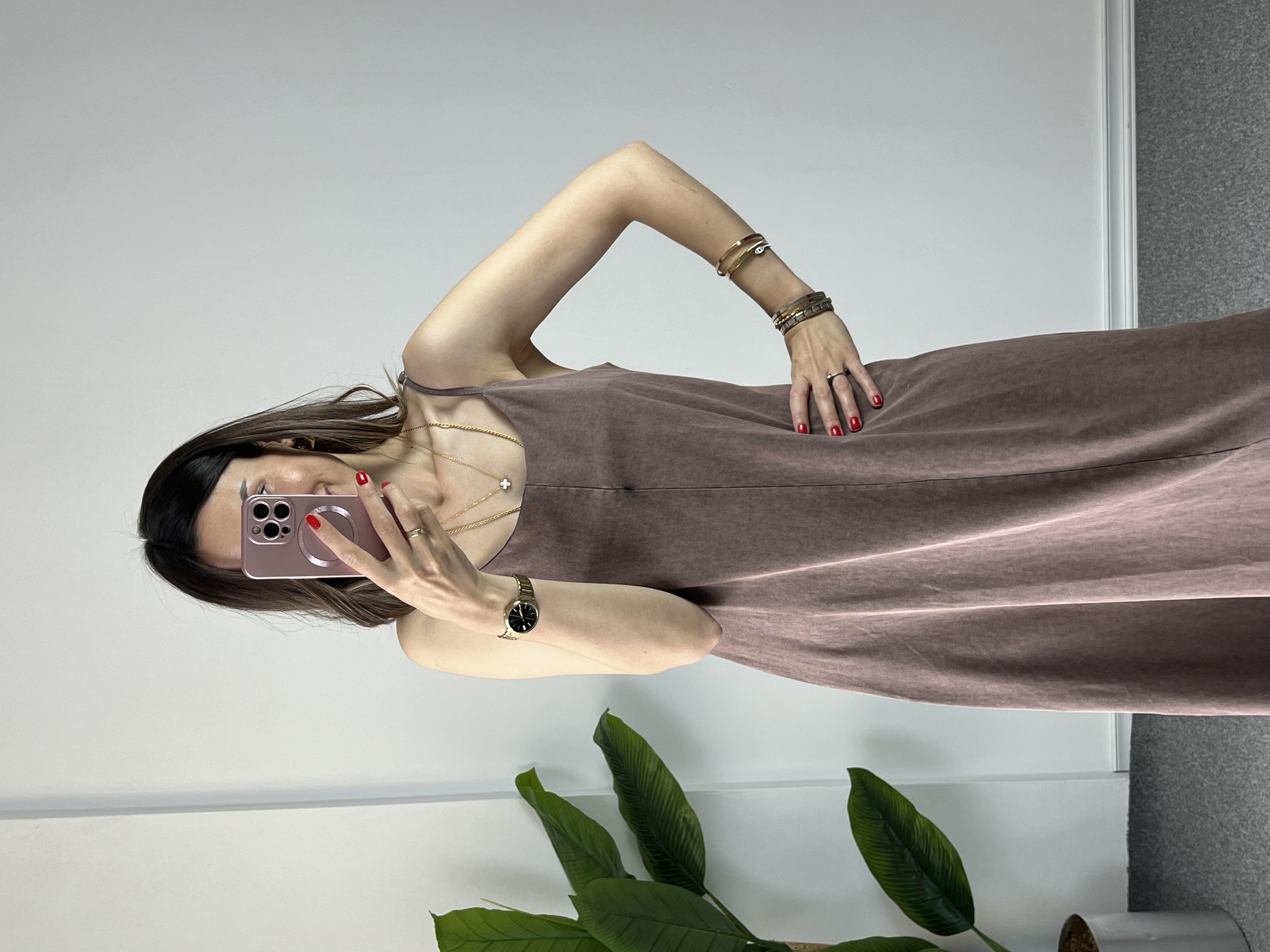 İp Askılı Yıkamalı Kahve Elbise