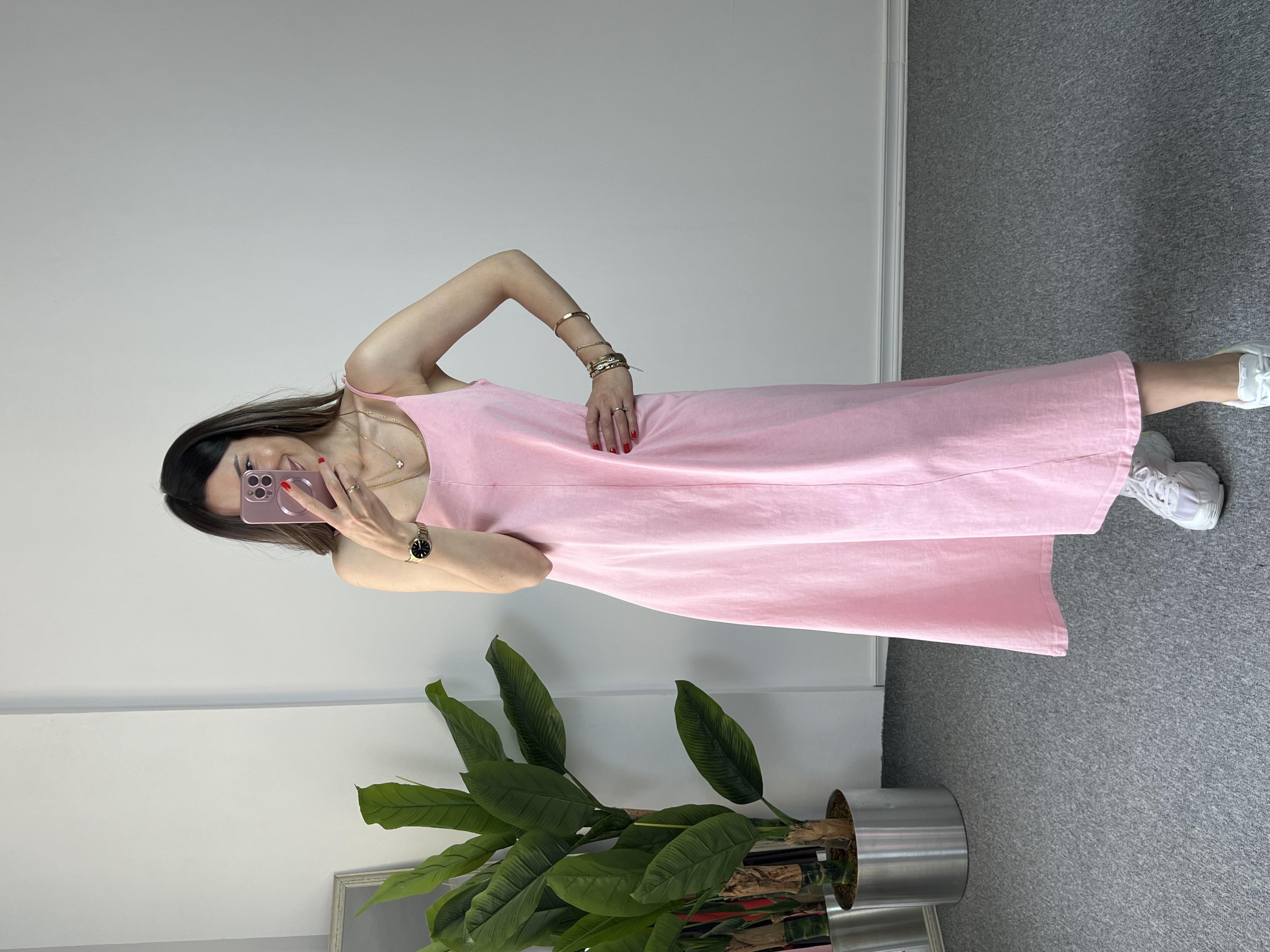 İp Askılı Yıkamalı Pembe Elbise