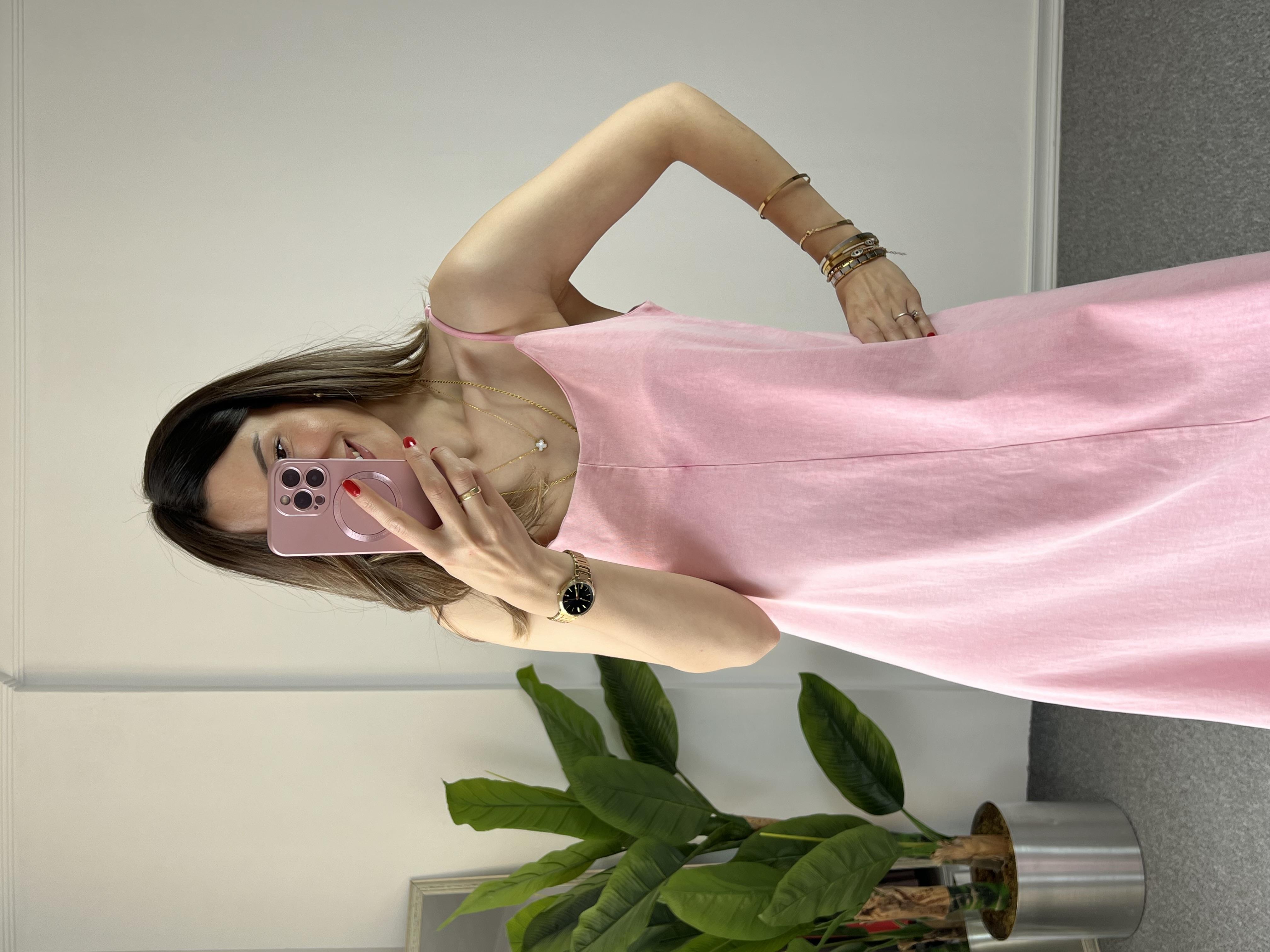 İp Askılı Yıkamalı Pembe Elbise