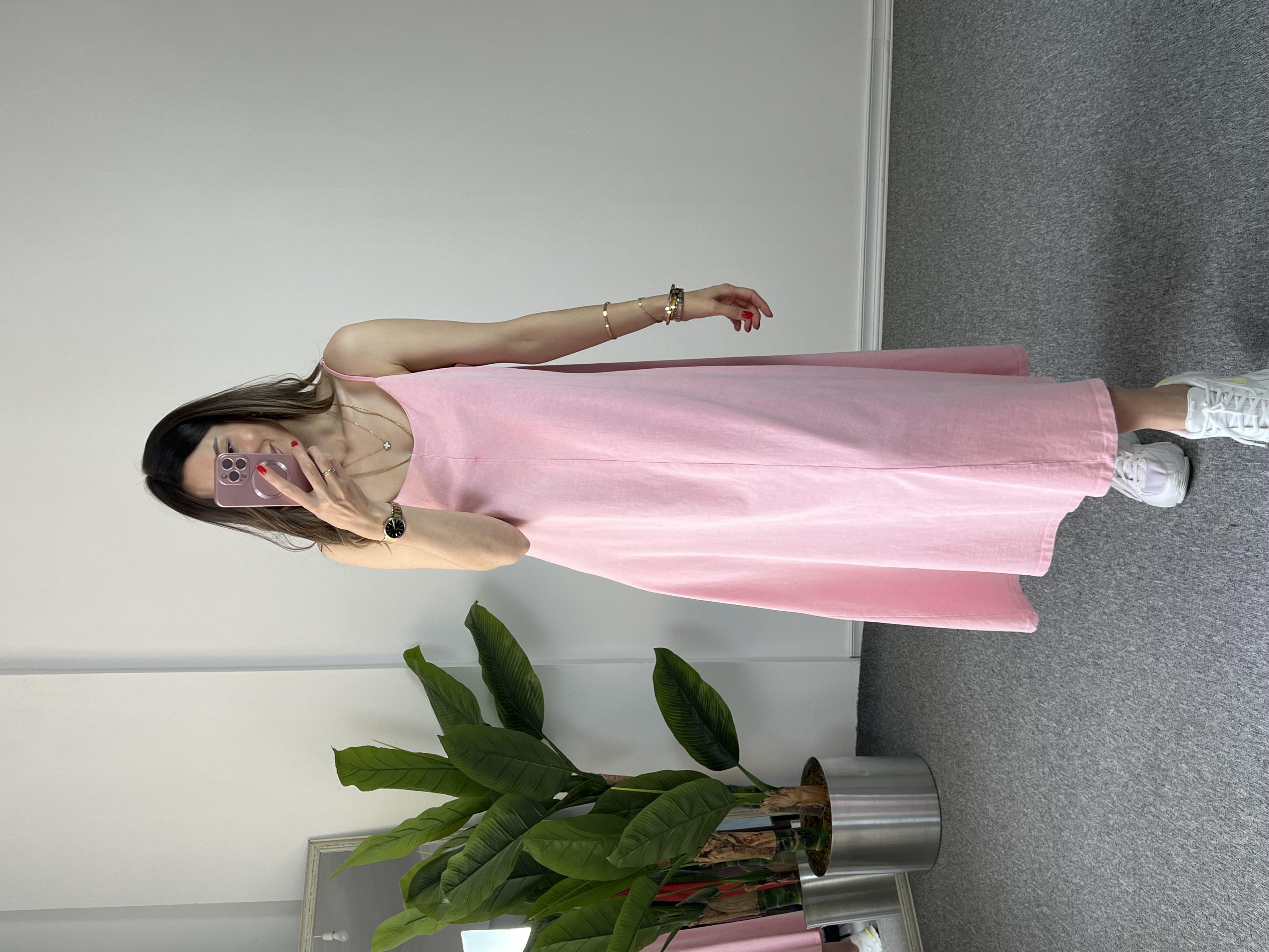 İp Askılı Yıkamalı Pembe Elbise