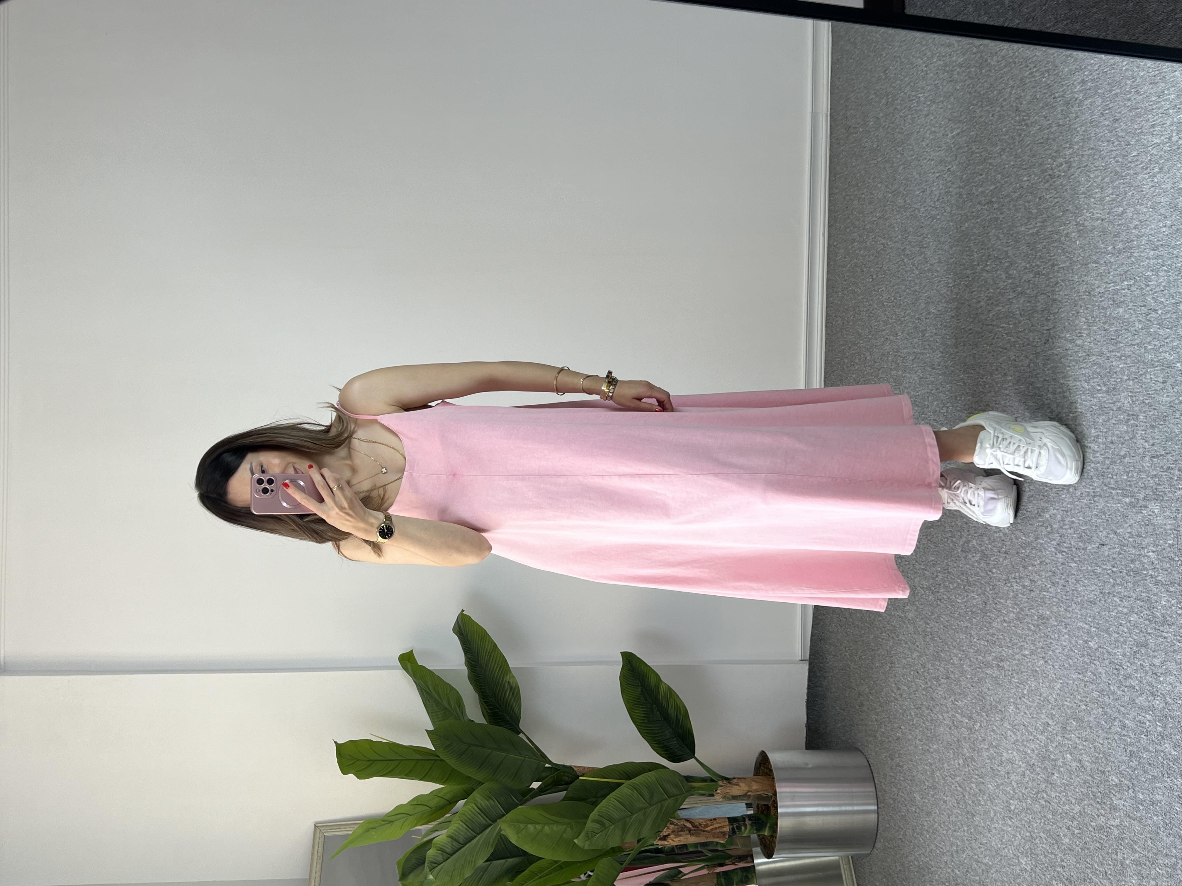 İp Askılı Yıkamalı Pembe Elbise