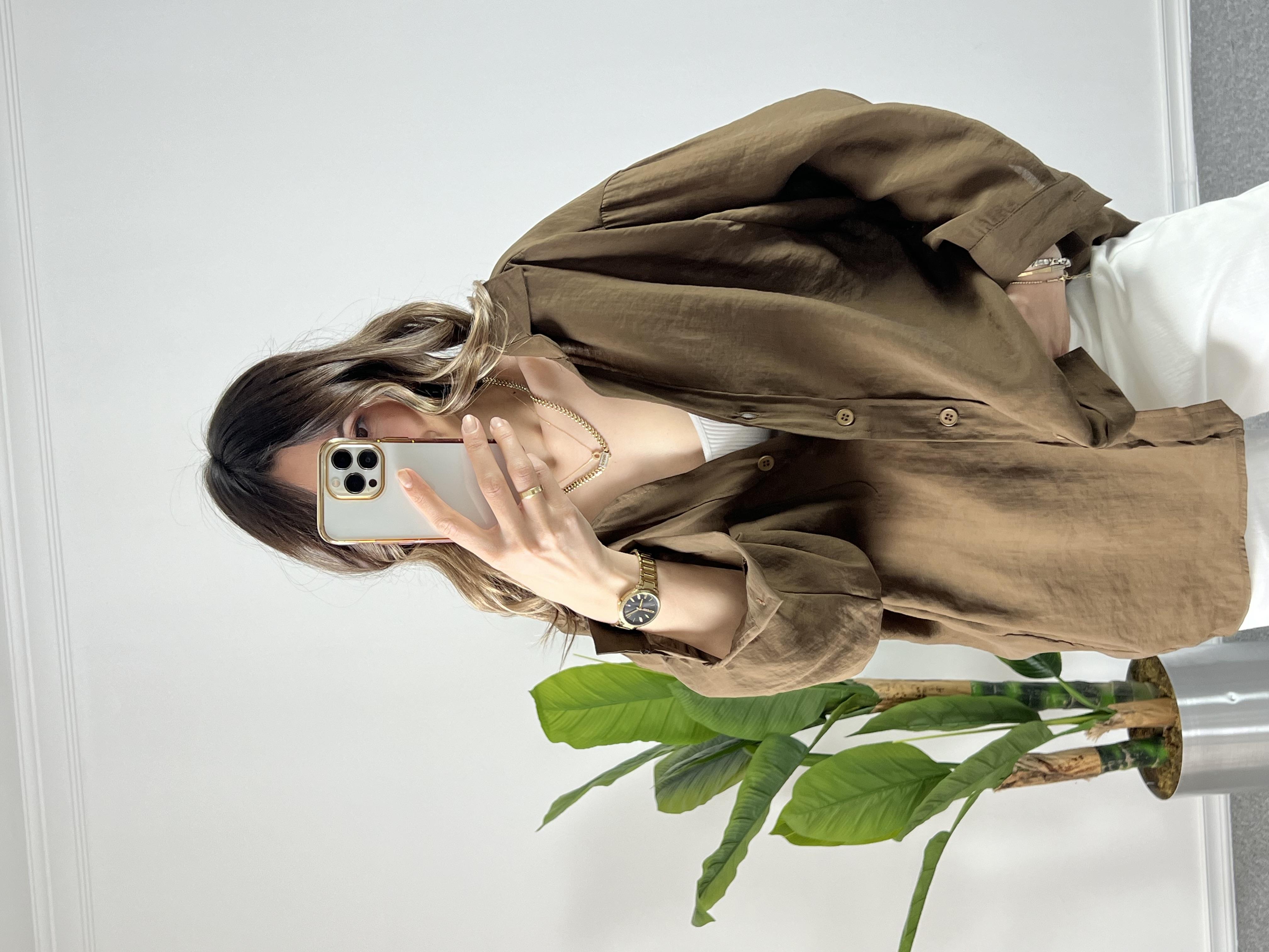 Kahve Düşük Omuz Tensel Gömlek