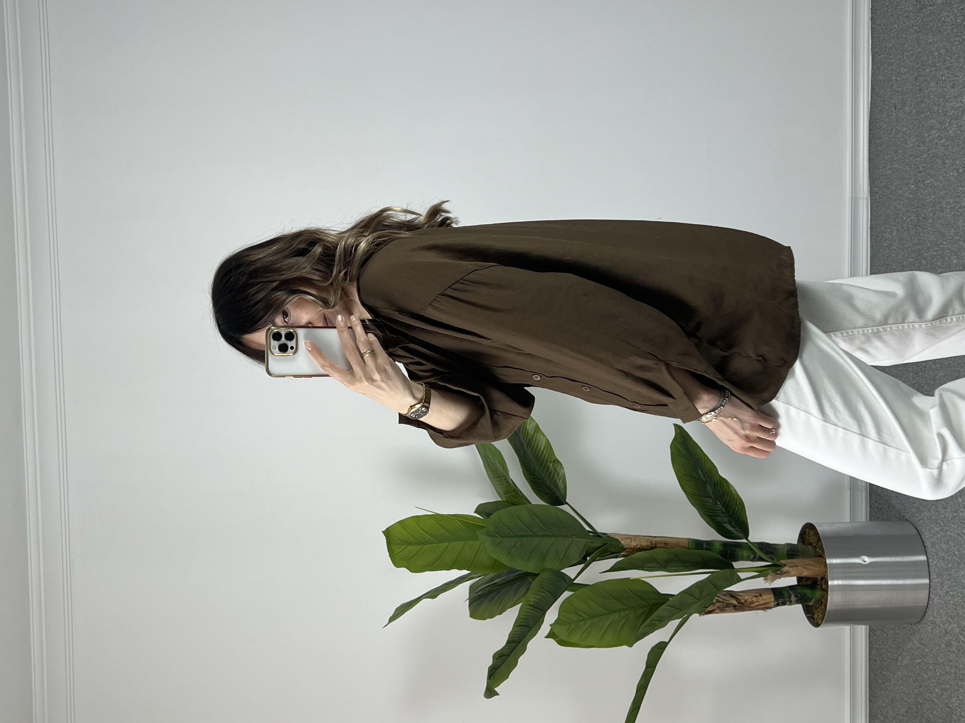 Kahve Düşük Omuz Tensel Gömlek