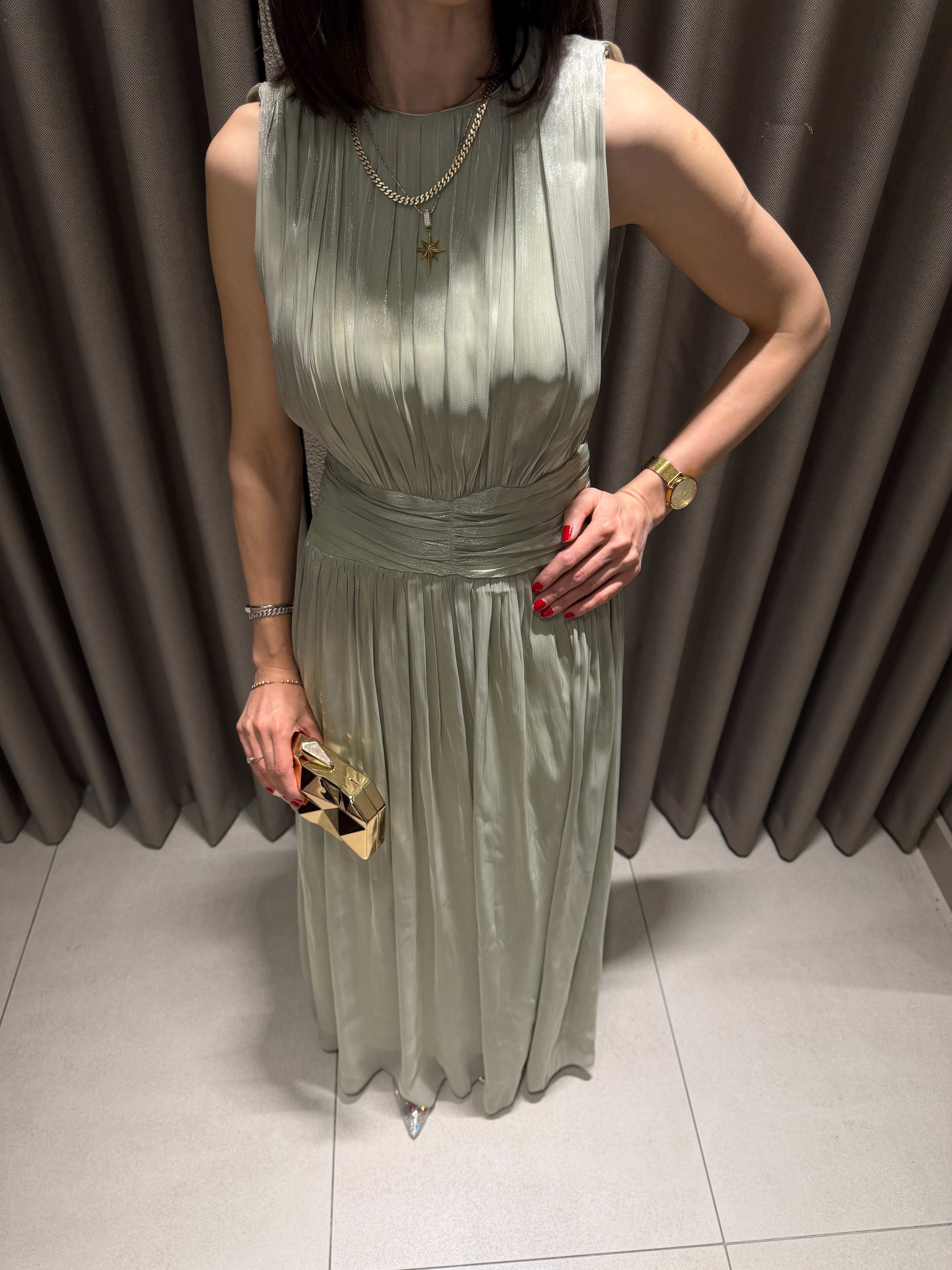 Kavis Yaka Şifon Elbise YEŞİL