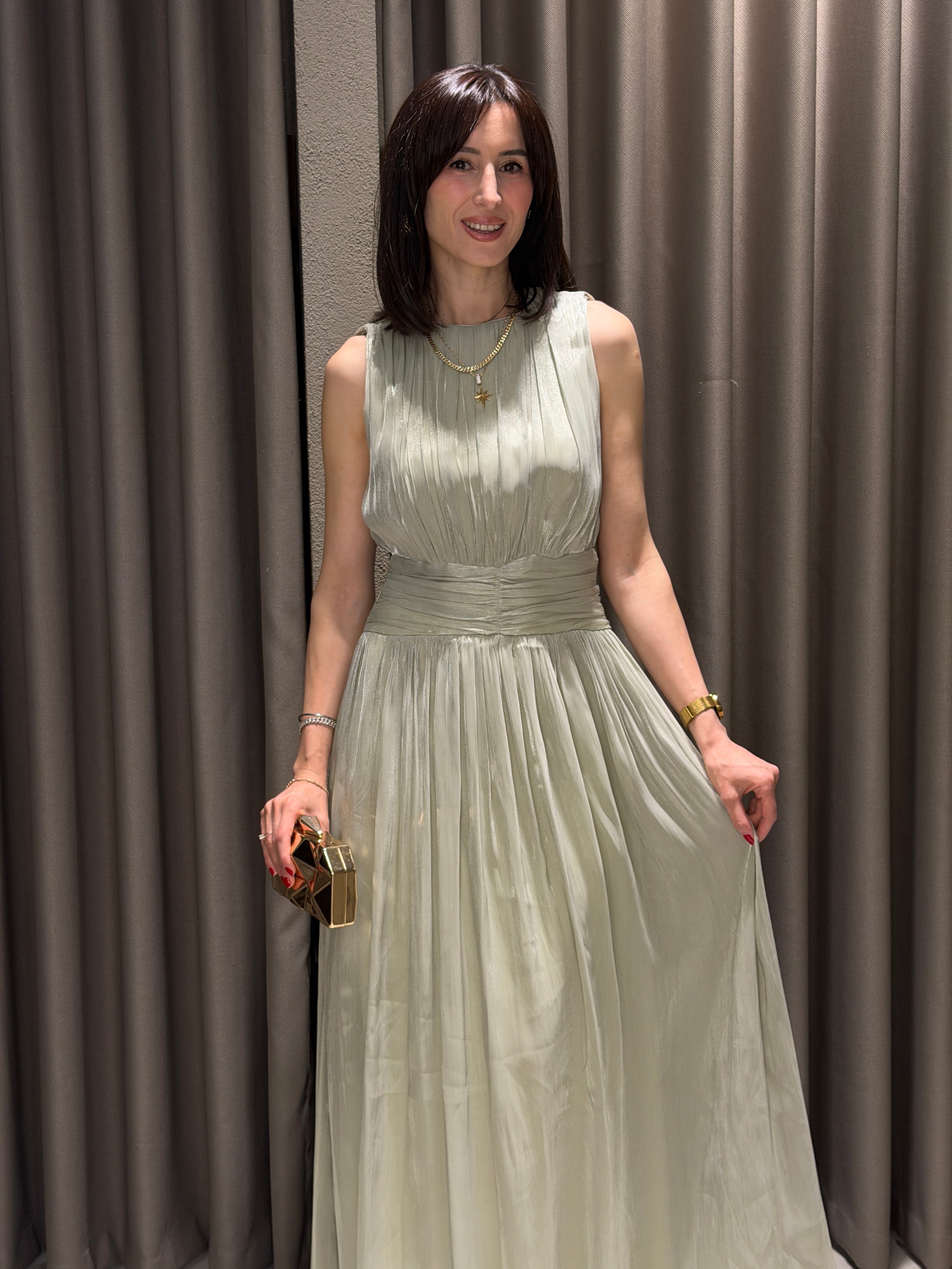 Kavis Yaka Şifon Elbise YEŞİL