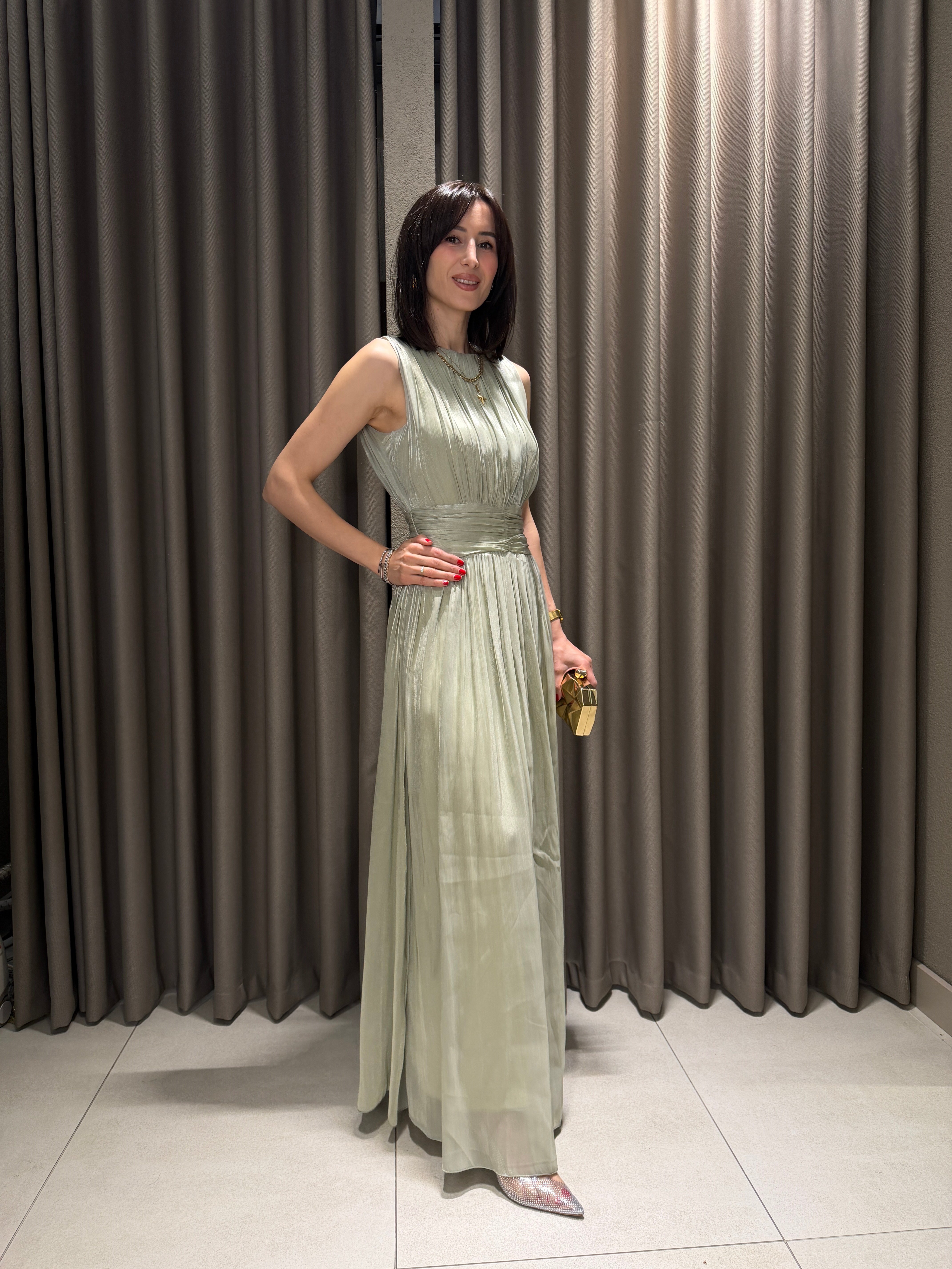 Kavis Yaka Şifon Elbise YEŞİL