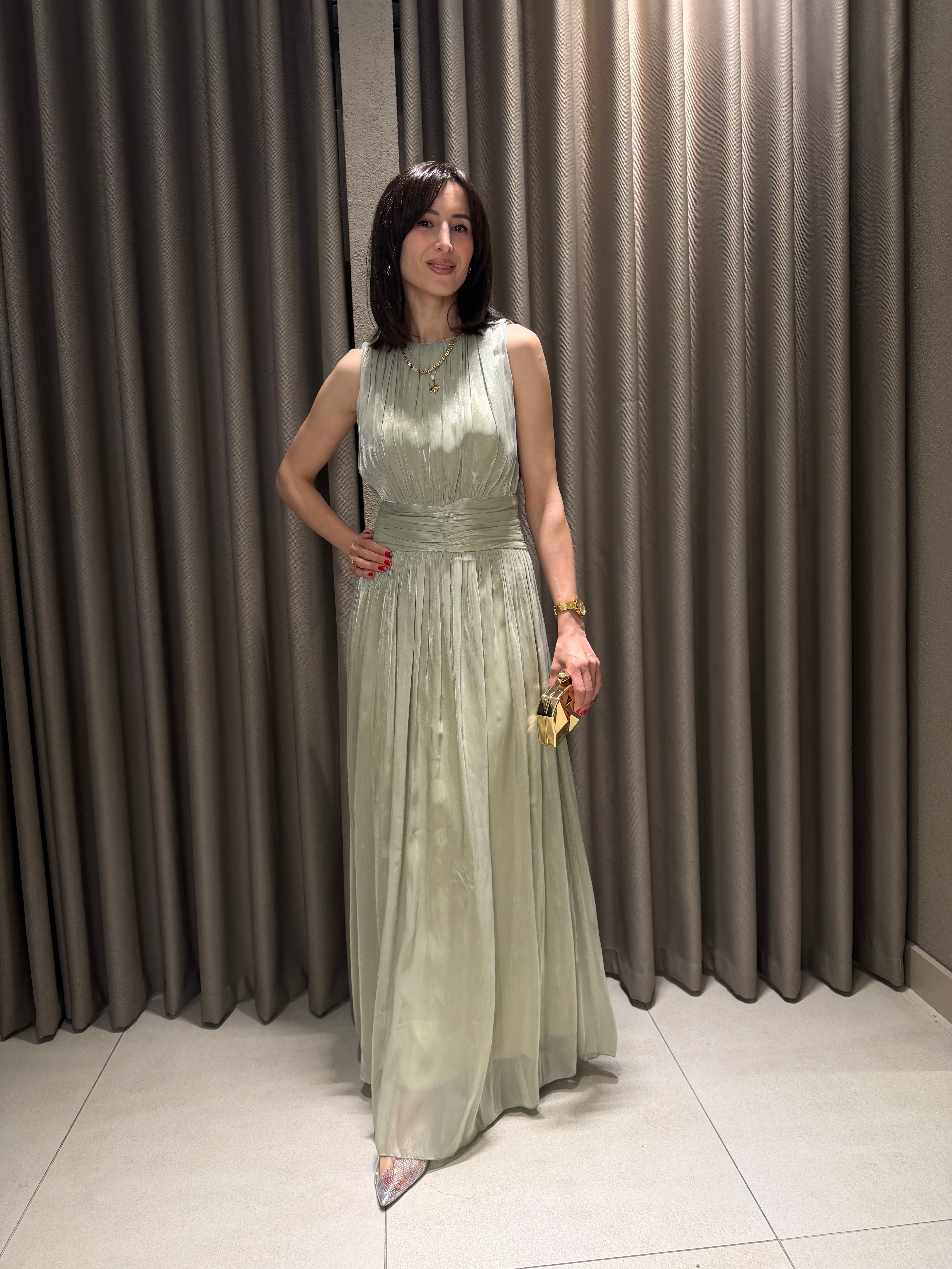 Kavis Yaka Şifon Elbise YEŞİL