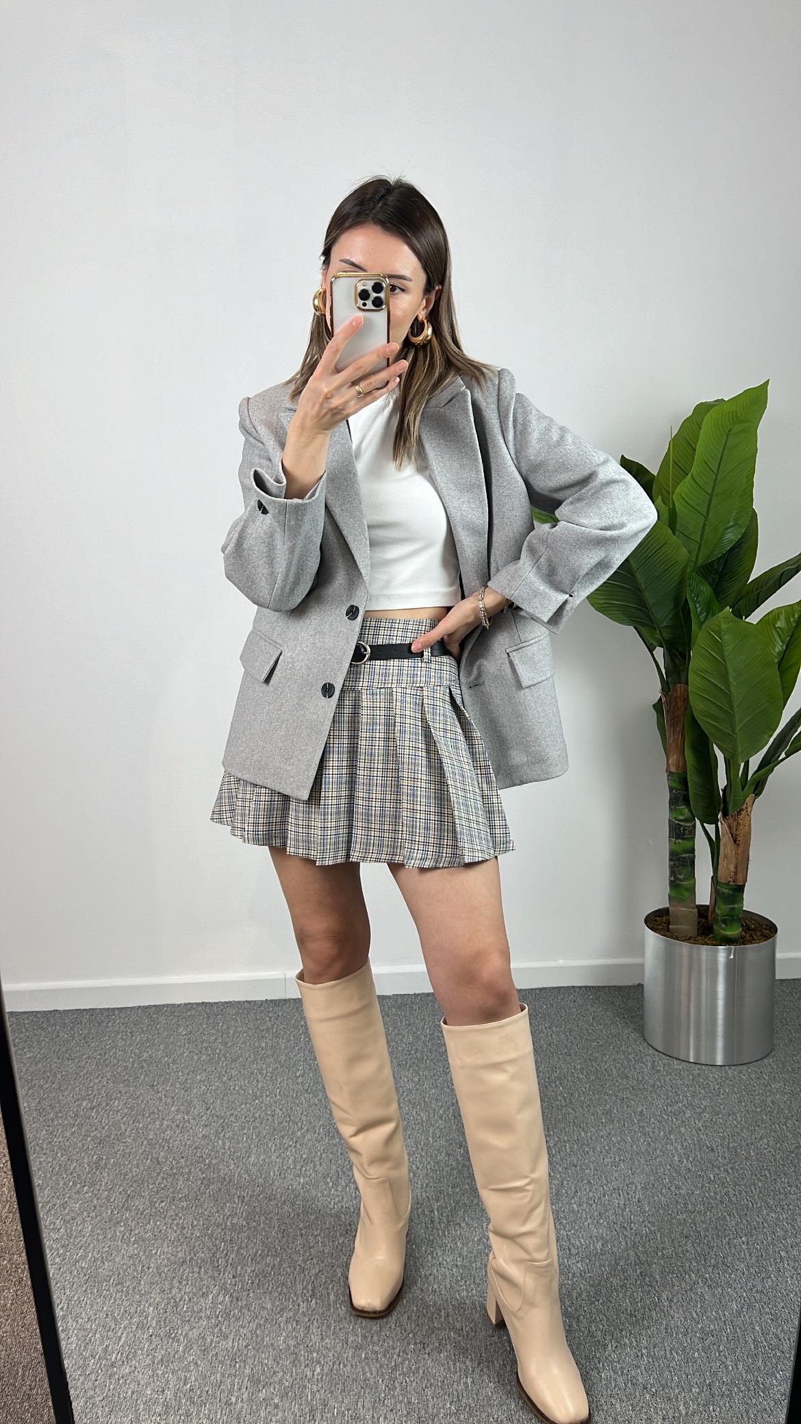 Kemerli Ekoseli Şort Etek