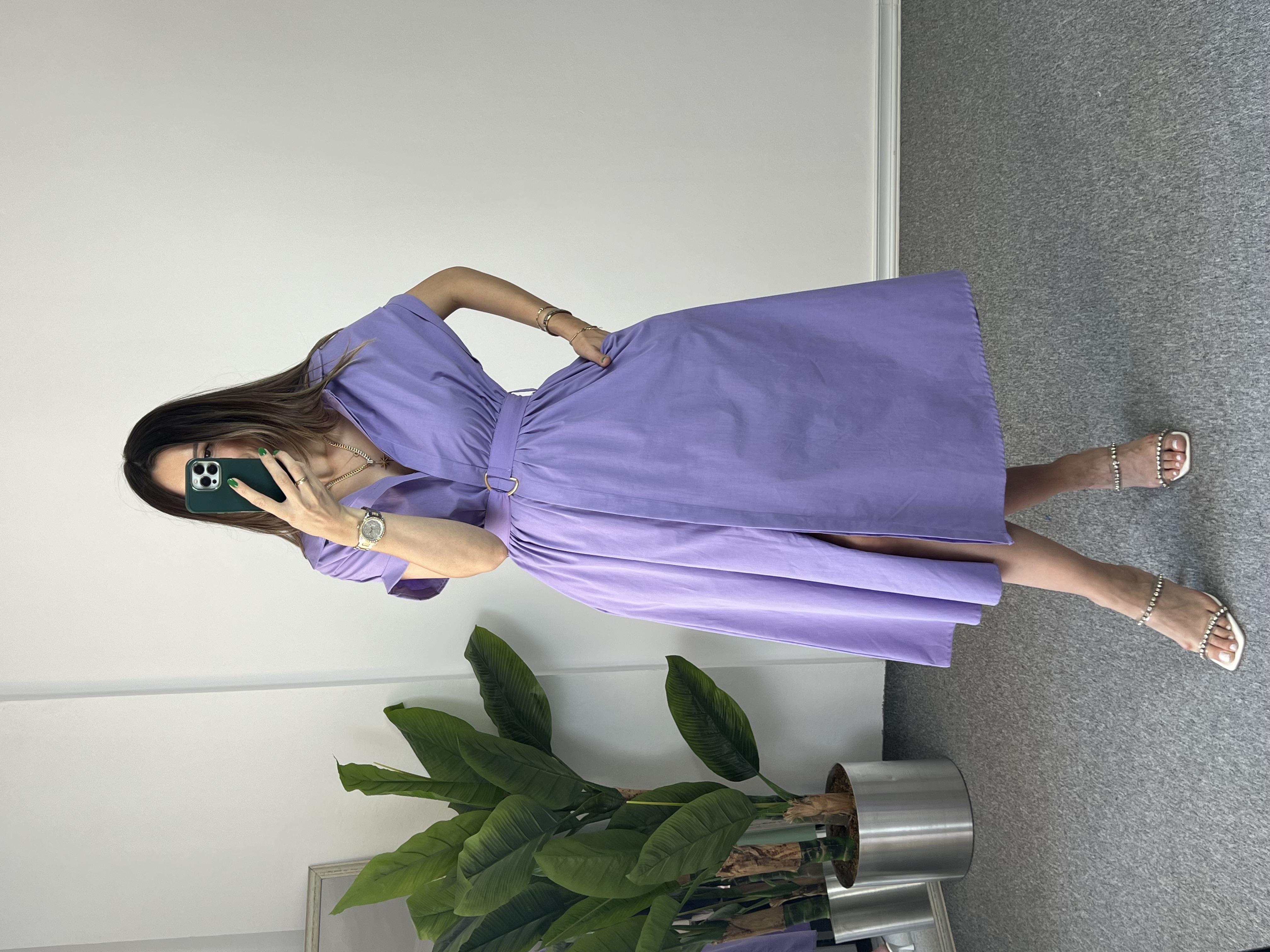 Kemerli Poplin Lila Elbise 