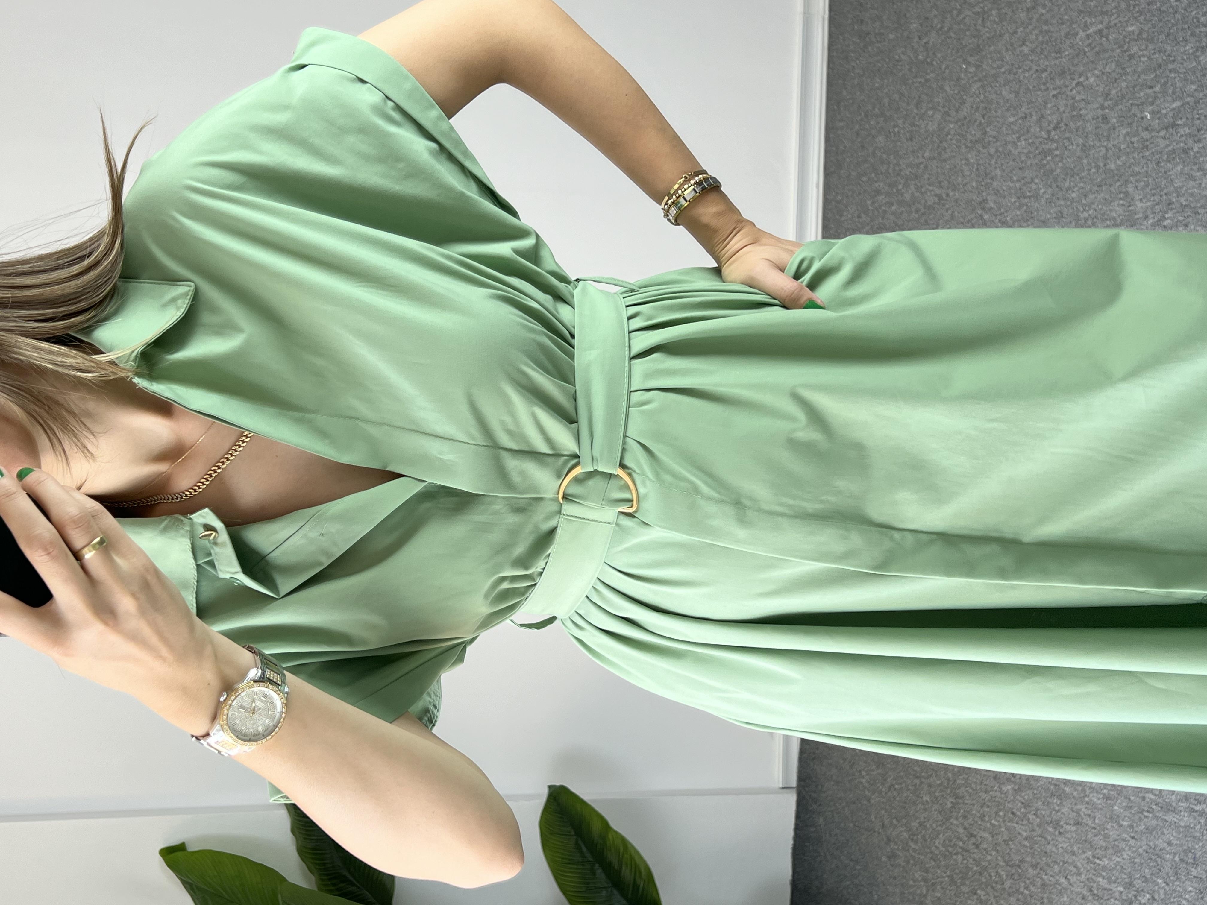 Kemerli Poplin Yeşil Elbise 