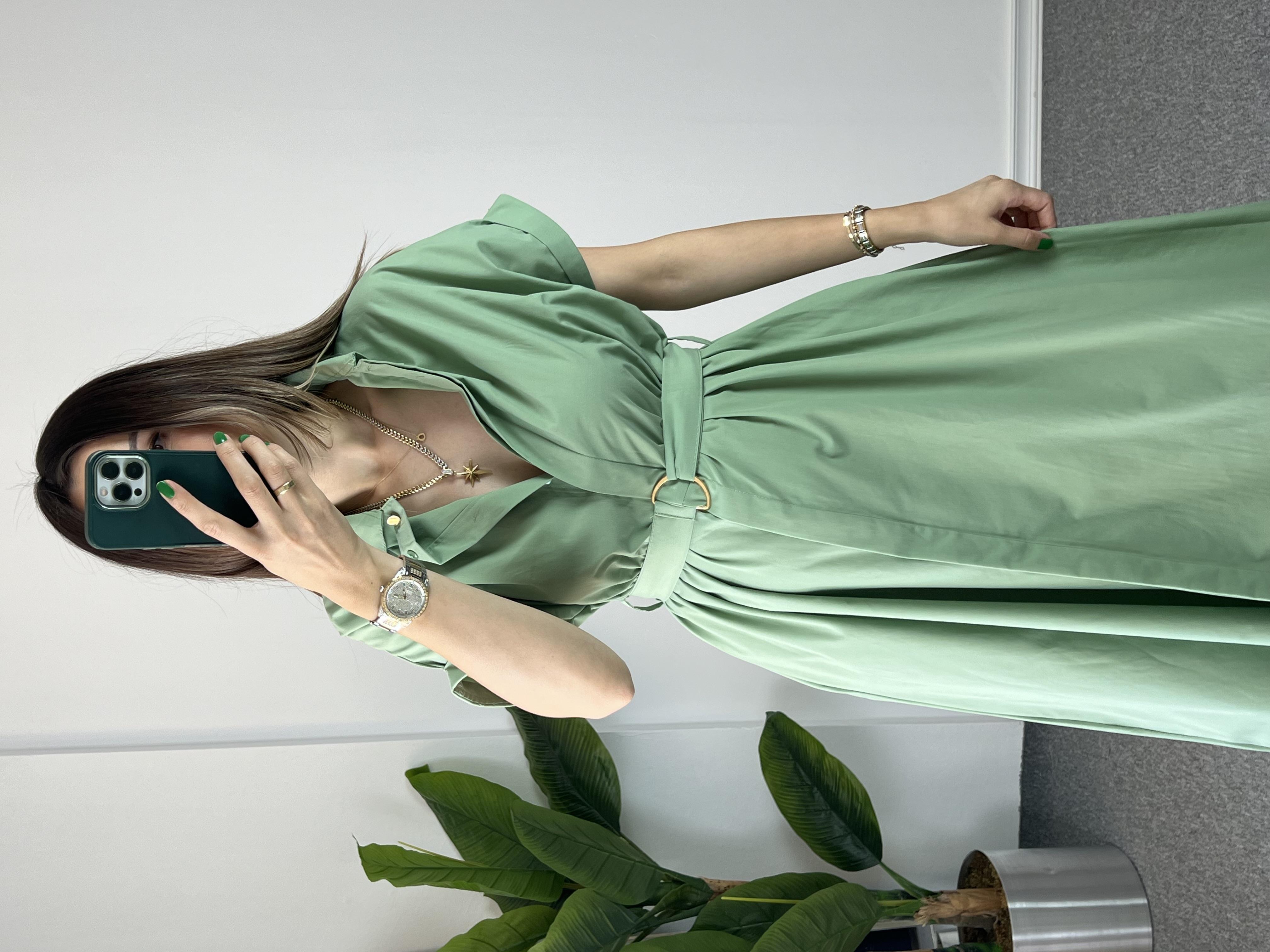 Kemerli Poplin Yeşil Elbise 