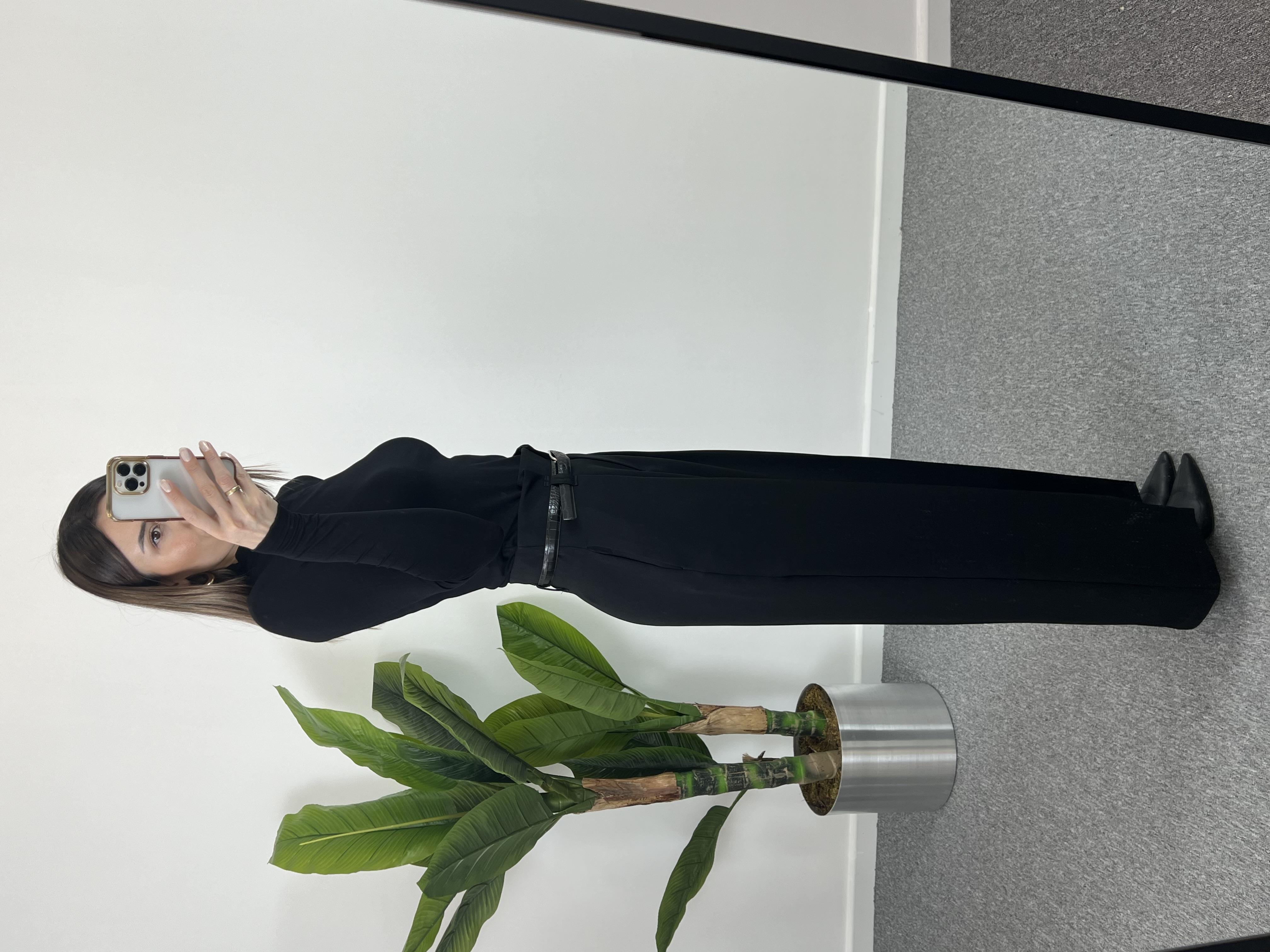 Kemerli Siyah Palazzo Pantolon