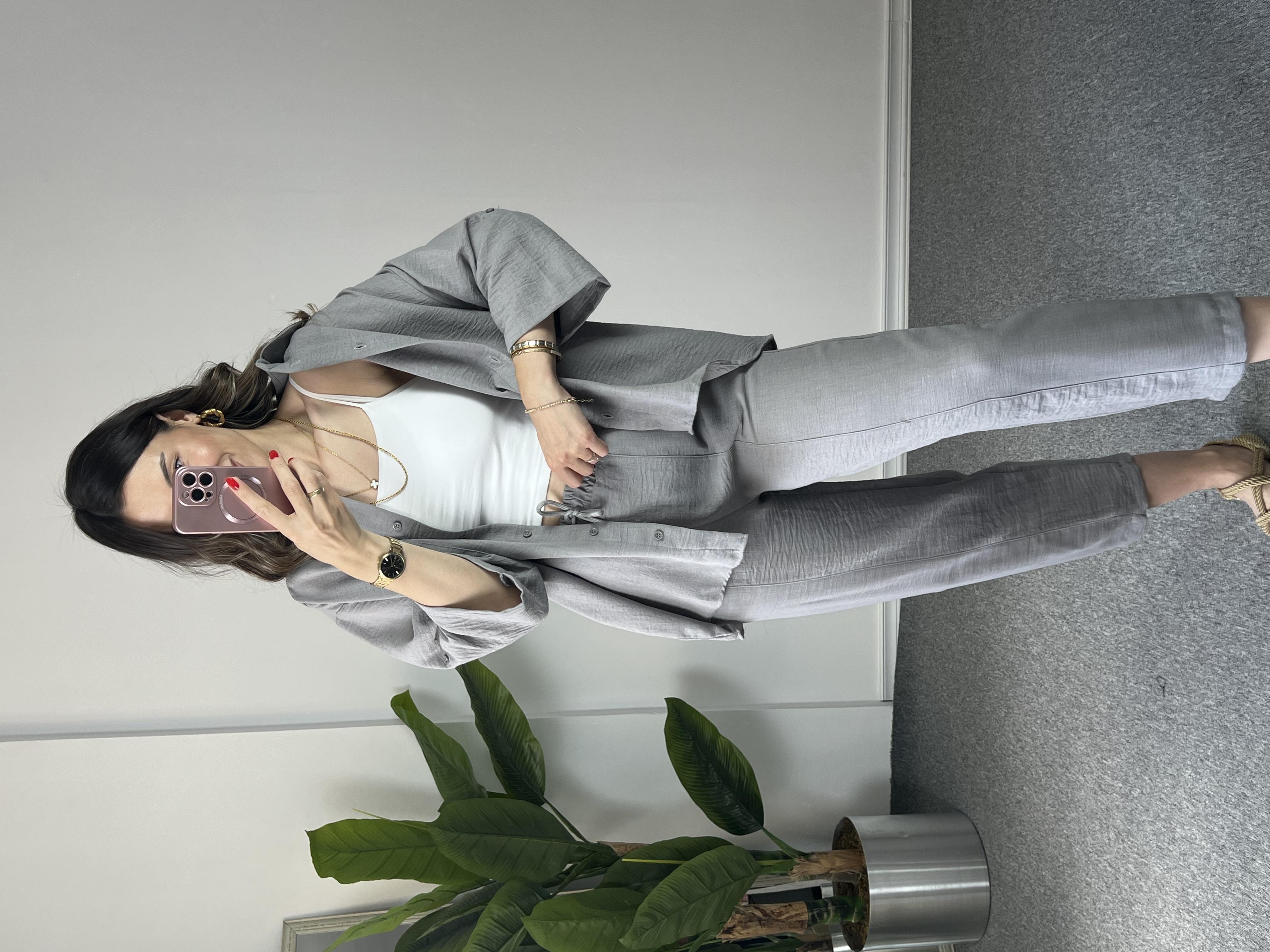 Keten Gömlekli Gri Takım 