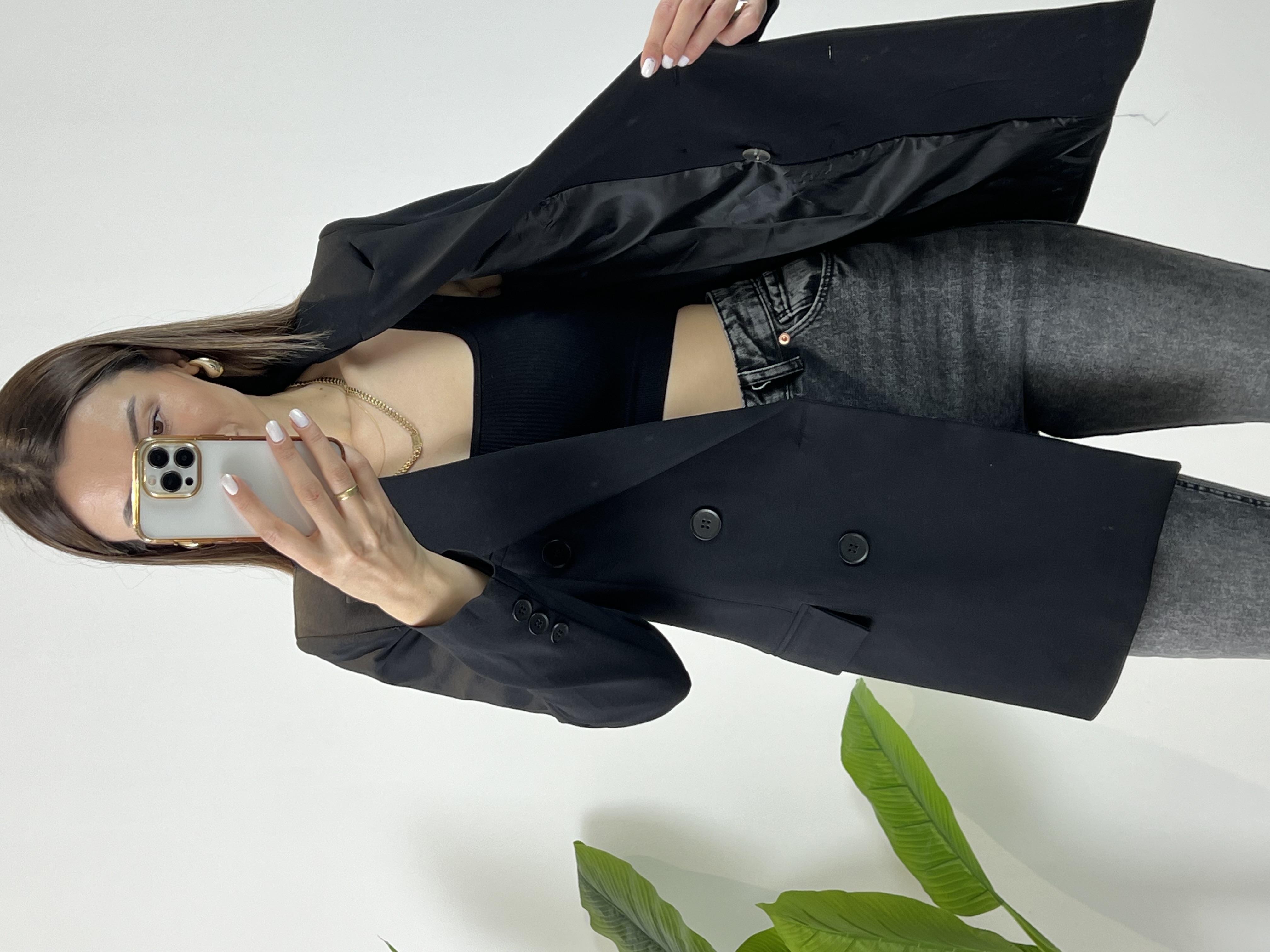 Kruvaze Düğmeli Siyah Blazer Ceket 