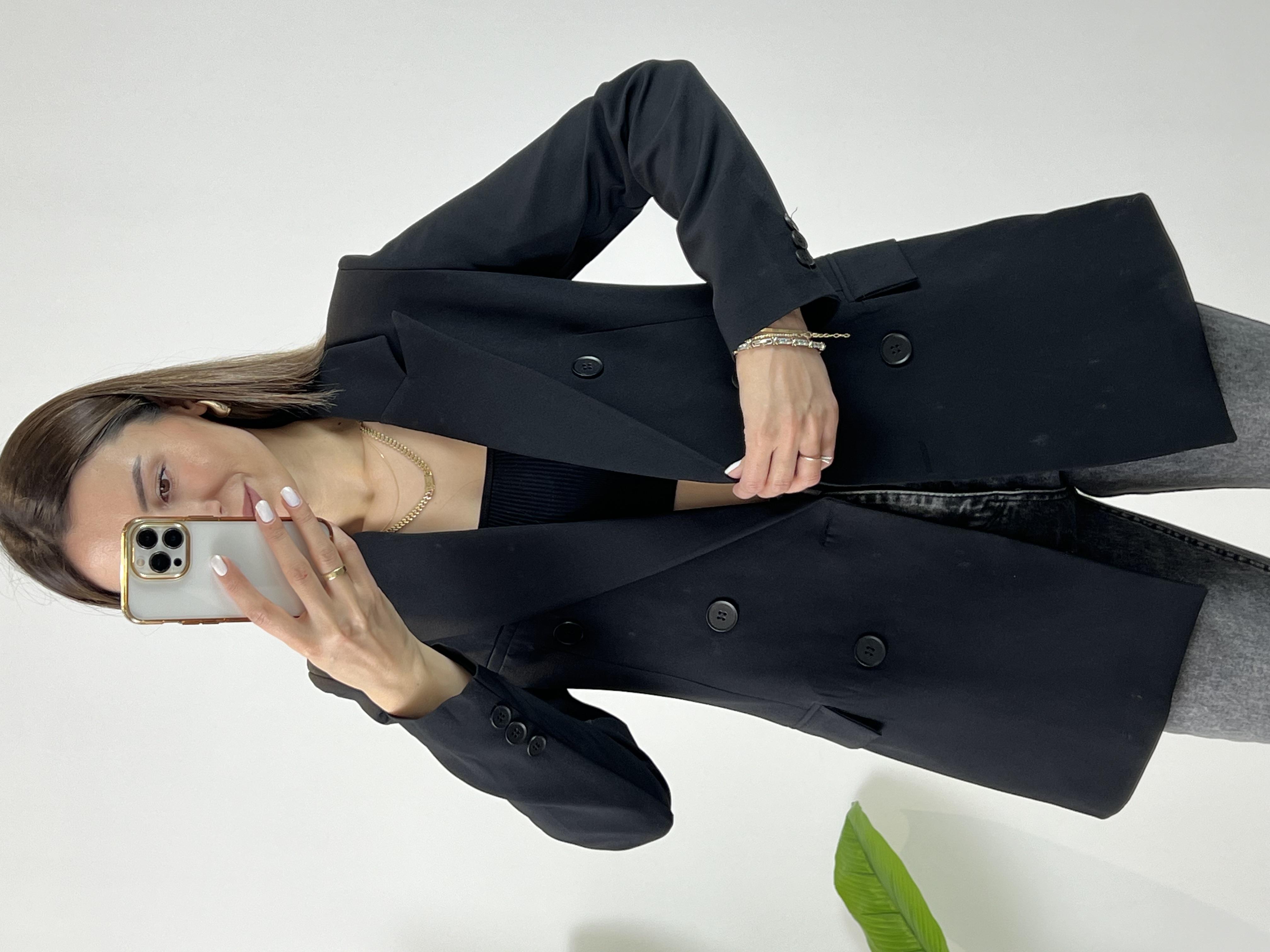 Kruvaze Düğmeli Siyah Blazer Ceket 