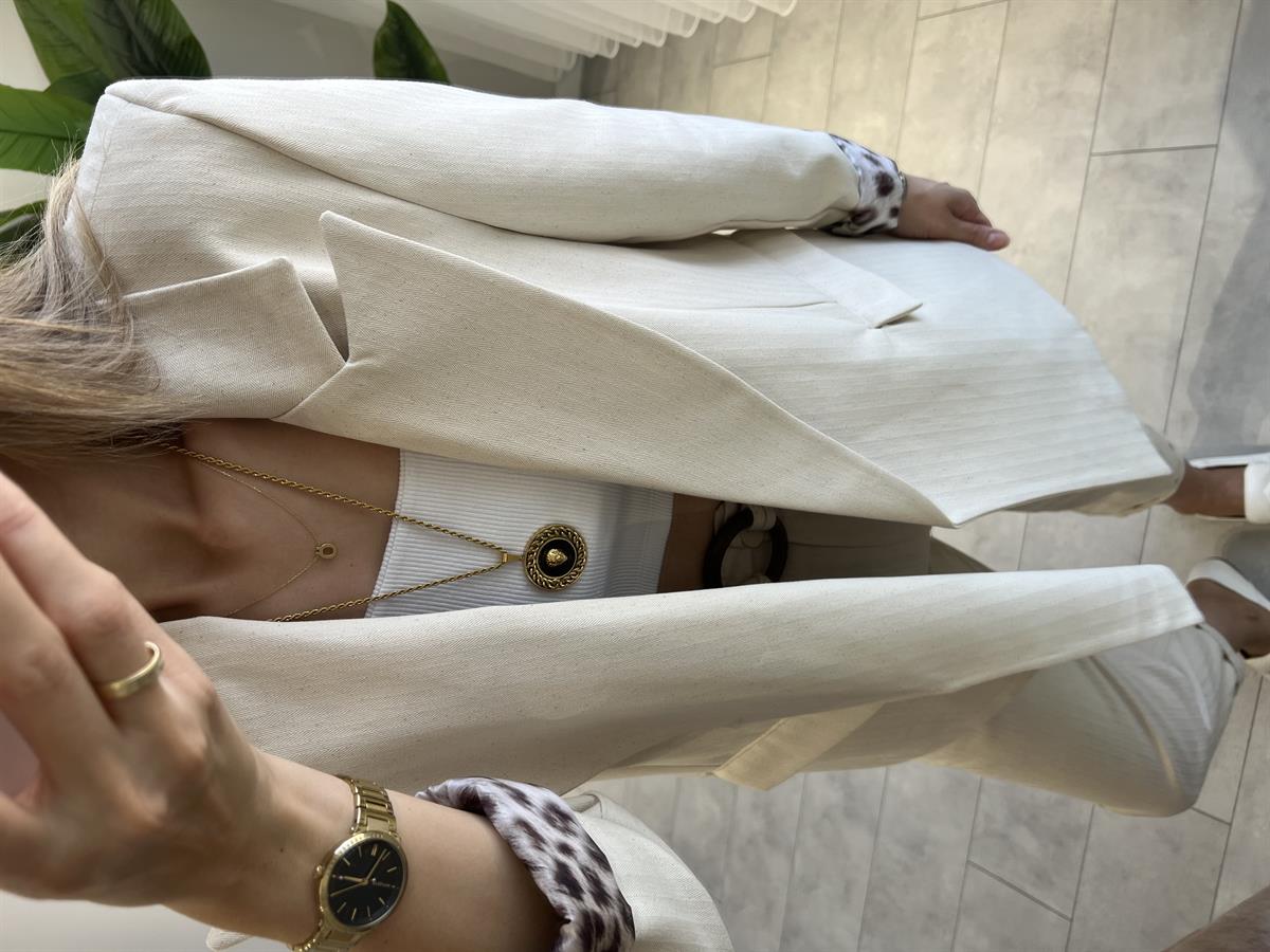 Leopar Astarlı Keten Blazer Ceket