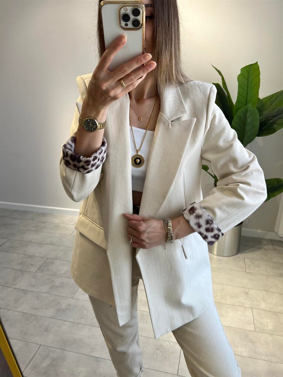 Leopar Astarlı Keten Blazer Ceket