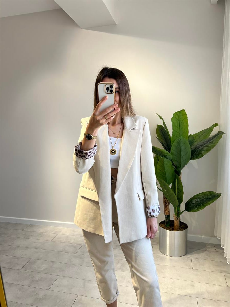 Leopar Astarlı Keten Blazer Ceket