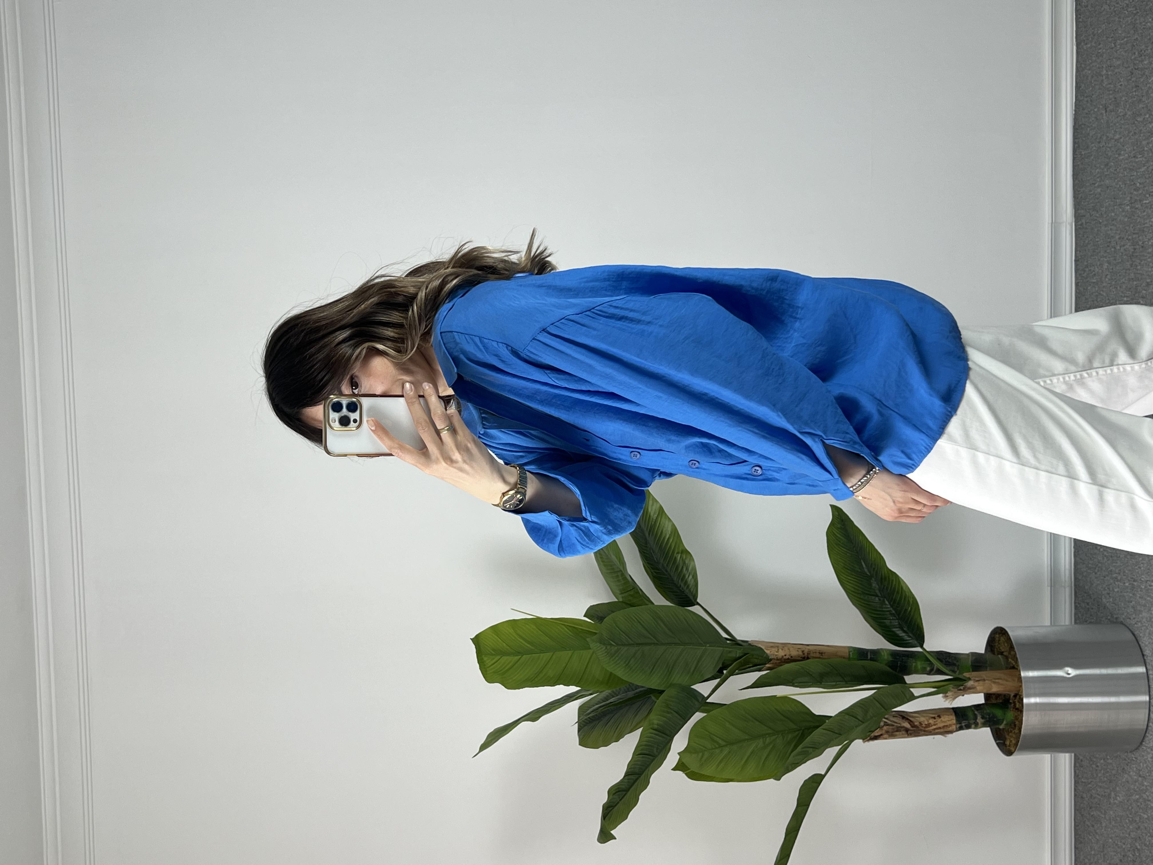 Mavi Düşük Omuz Tensel Gömlek