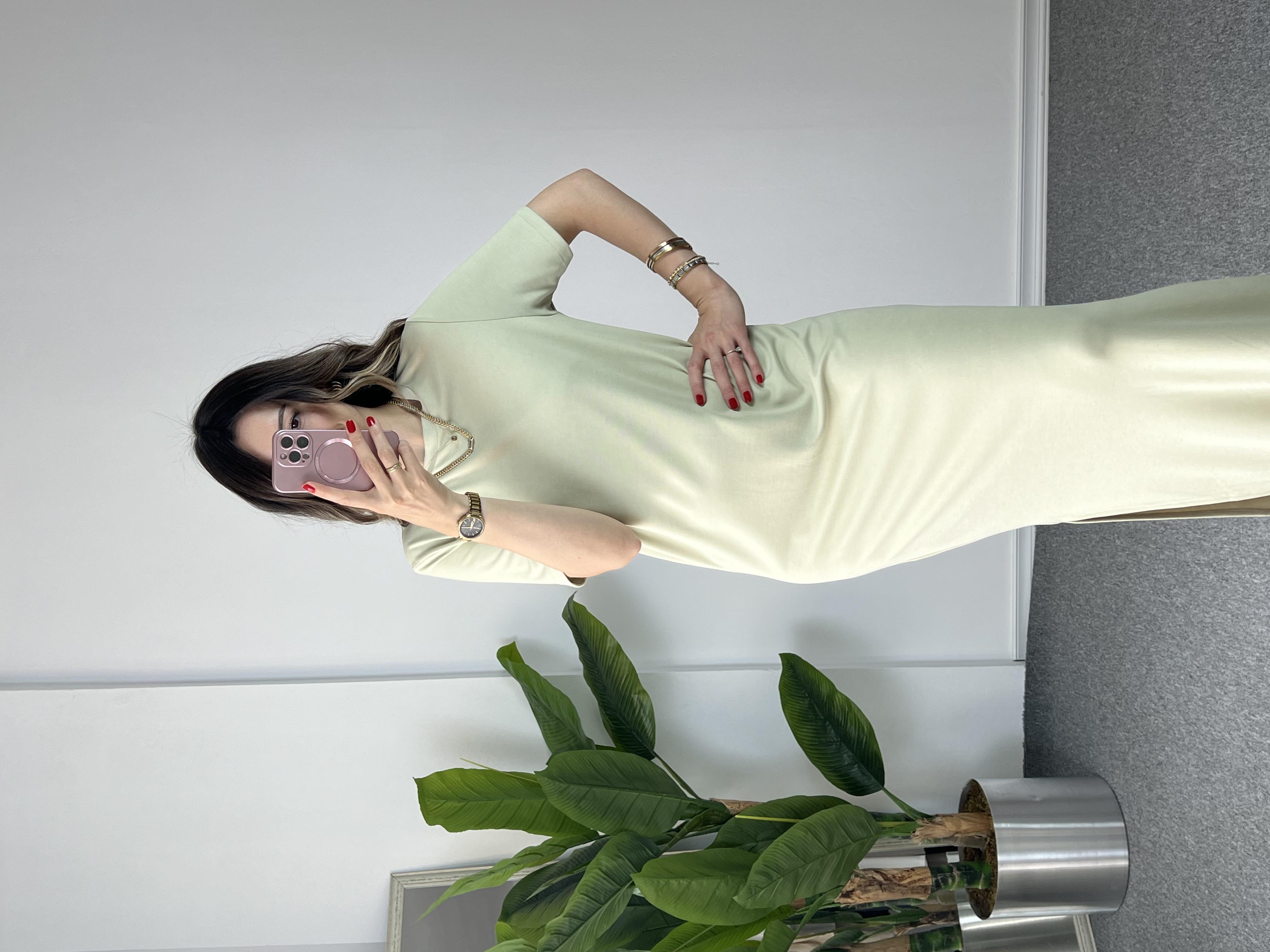 Modal Kumaş Çağla Yeşil Kısa Kollu Elbise