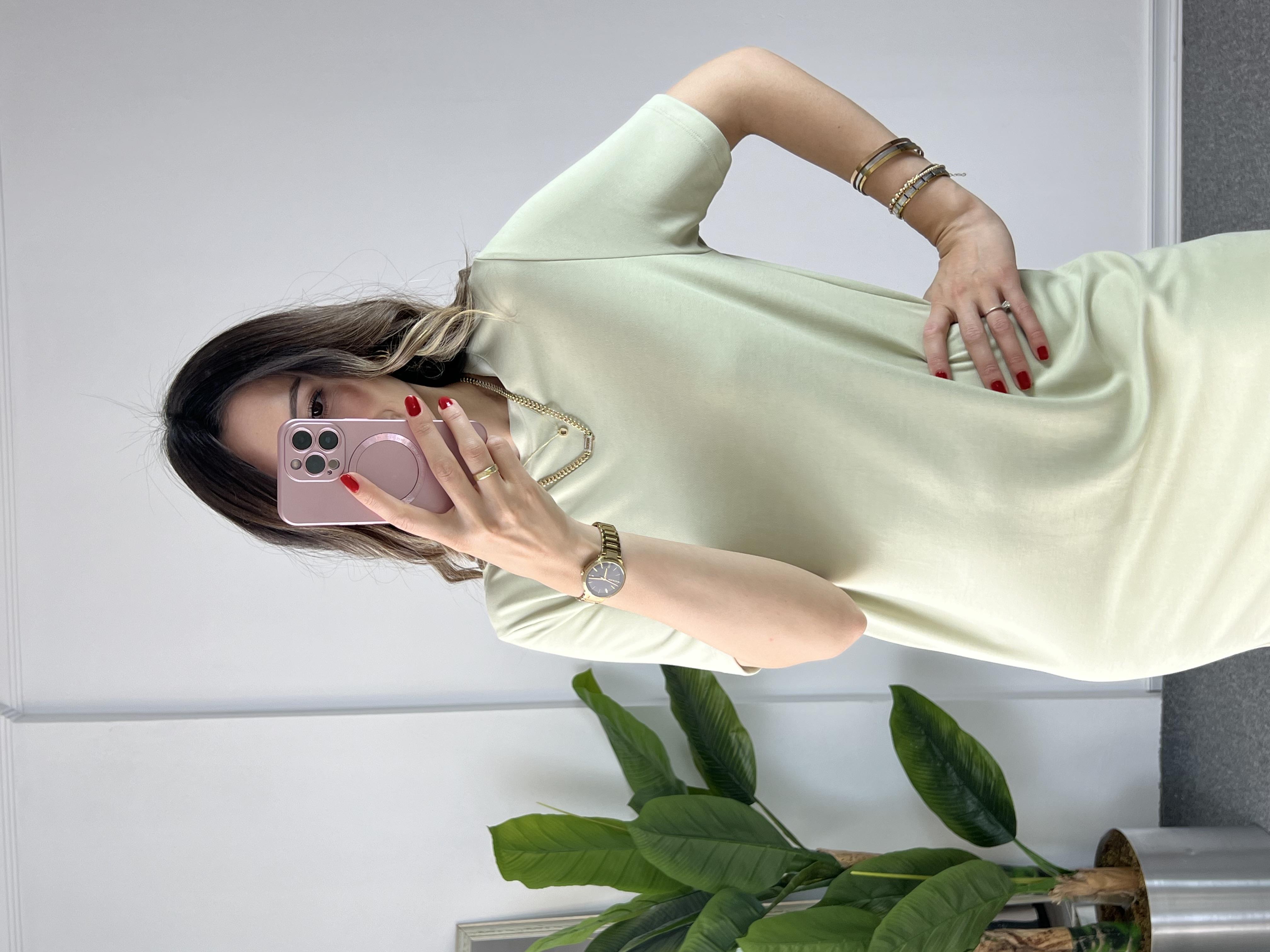 Modal Kumaş Çağla Yeşil Kısa Kollu Elbise