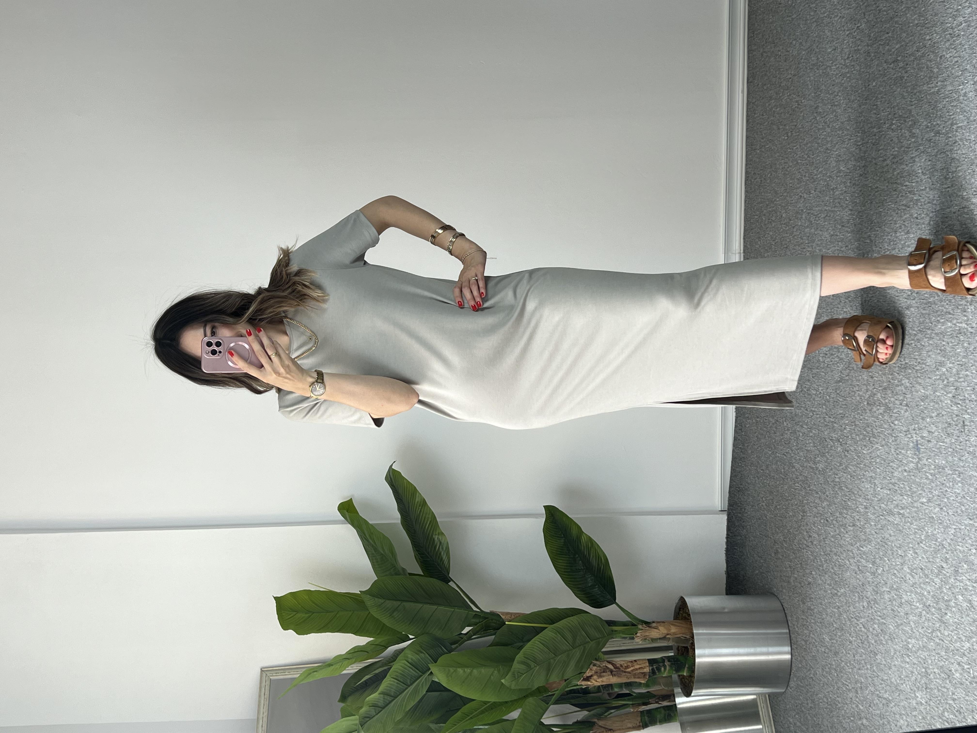 Modal Kumaş Gri Kısa Kollu Elbise